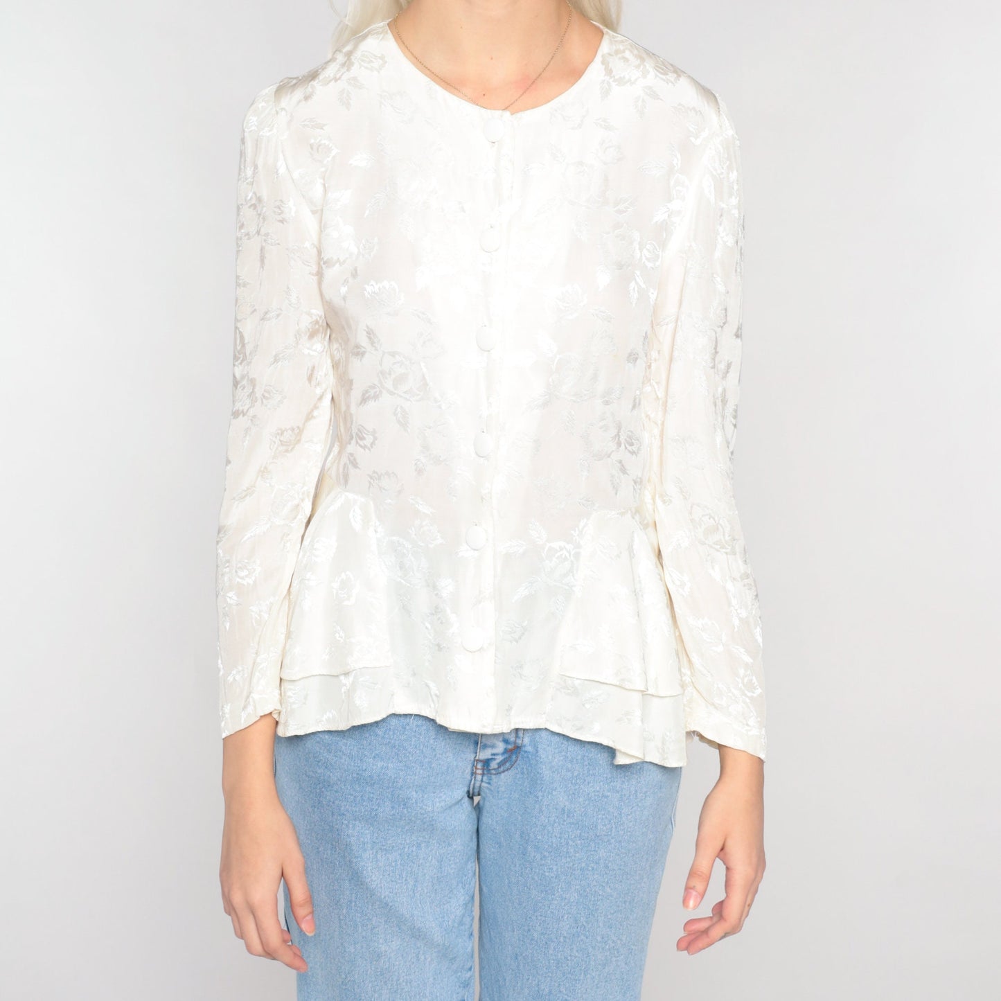 80s White Floral Embossed Peplum Blouse Puff Sleeve Button-Up Extra Small
