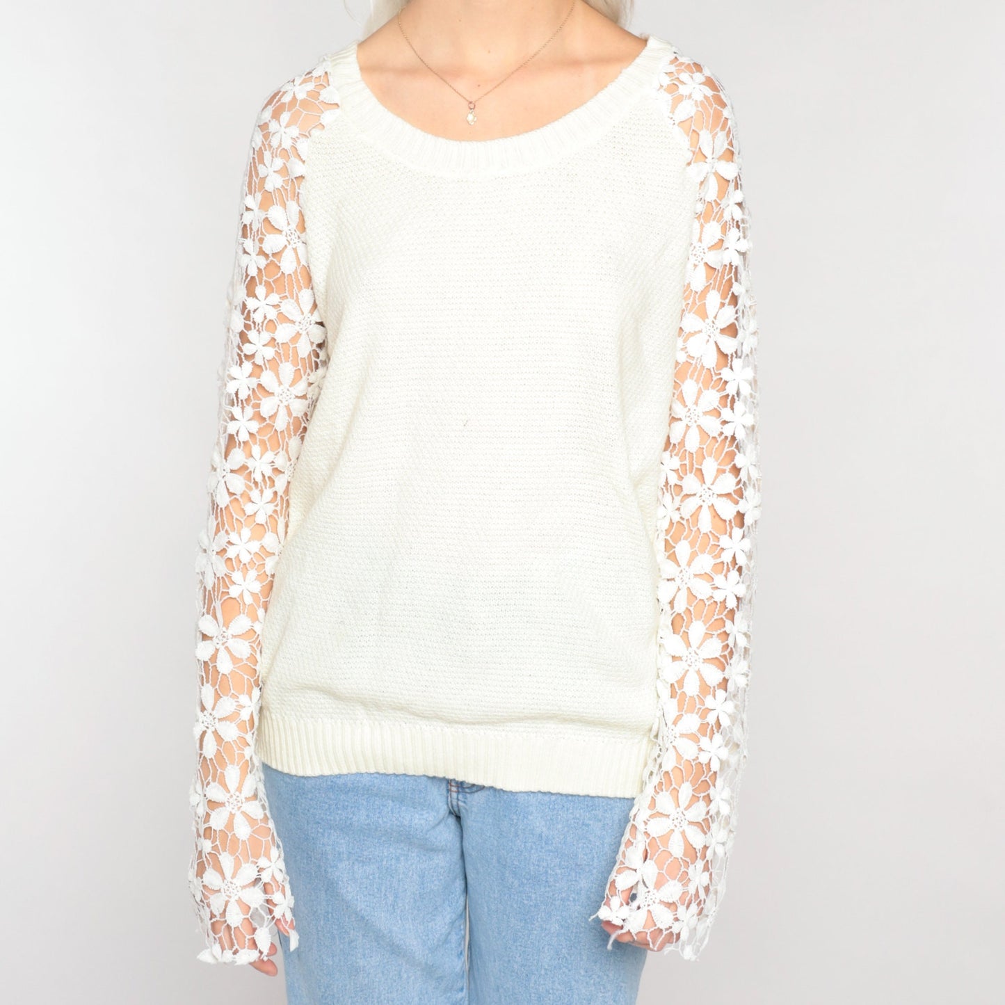 90s White Crochet Floral Knit Sweater Sheer Sleeve Pullover Medium Large