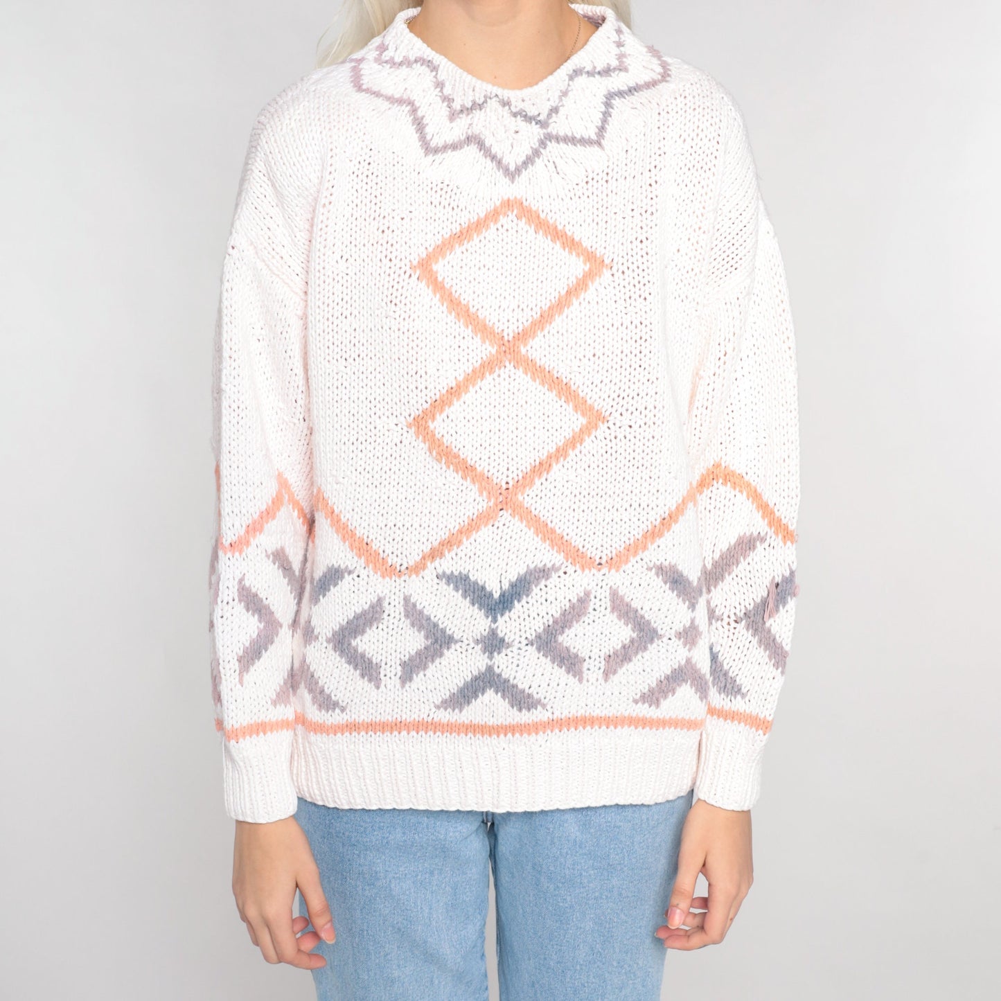 90s Diamond Geometric Knit Sweater White Cotton Ramie Pullover Medium M