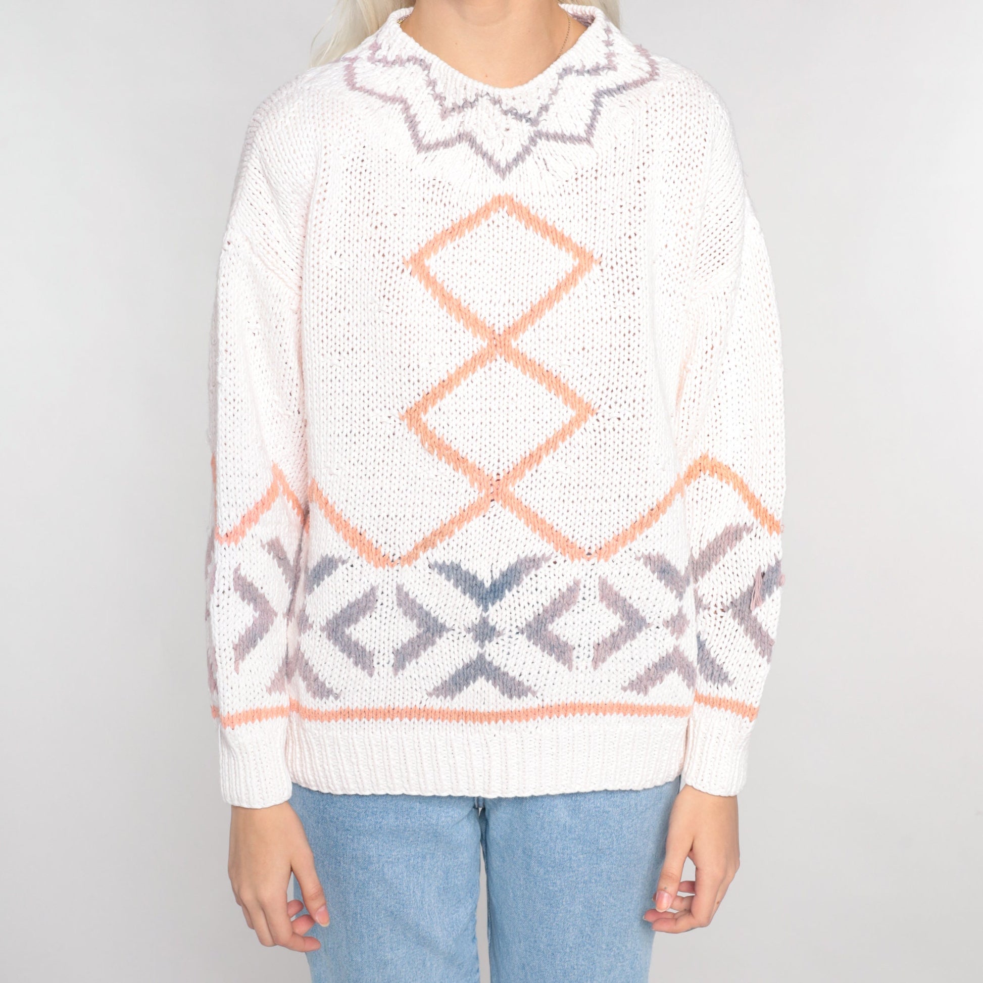 90s Diamond Geometric Knit Sweater White Cotton Ramie Pullover Medium M