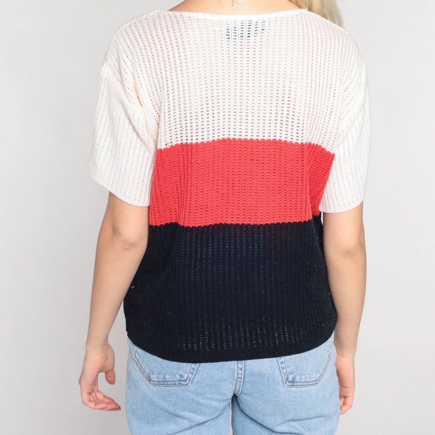 70s Striped Open Weave Knit Sweater Top Short Sleeve White Red Black Small