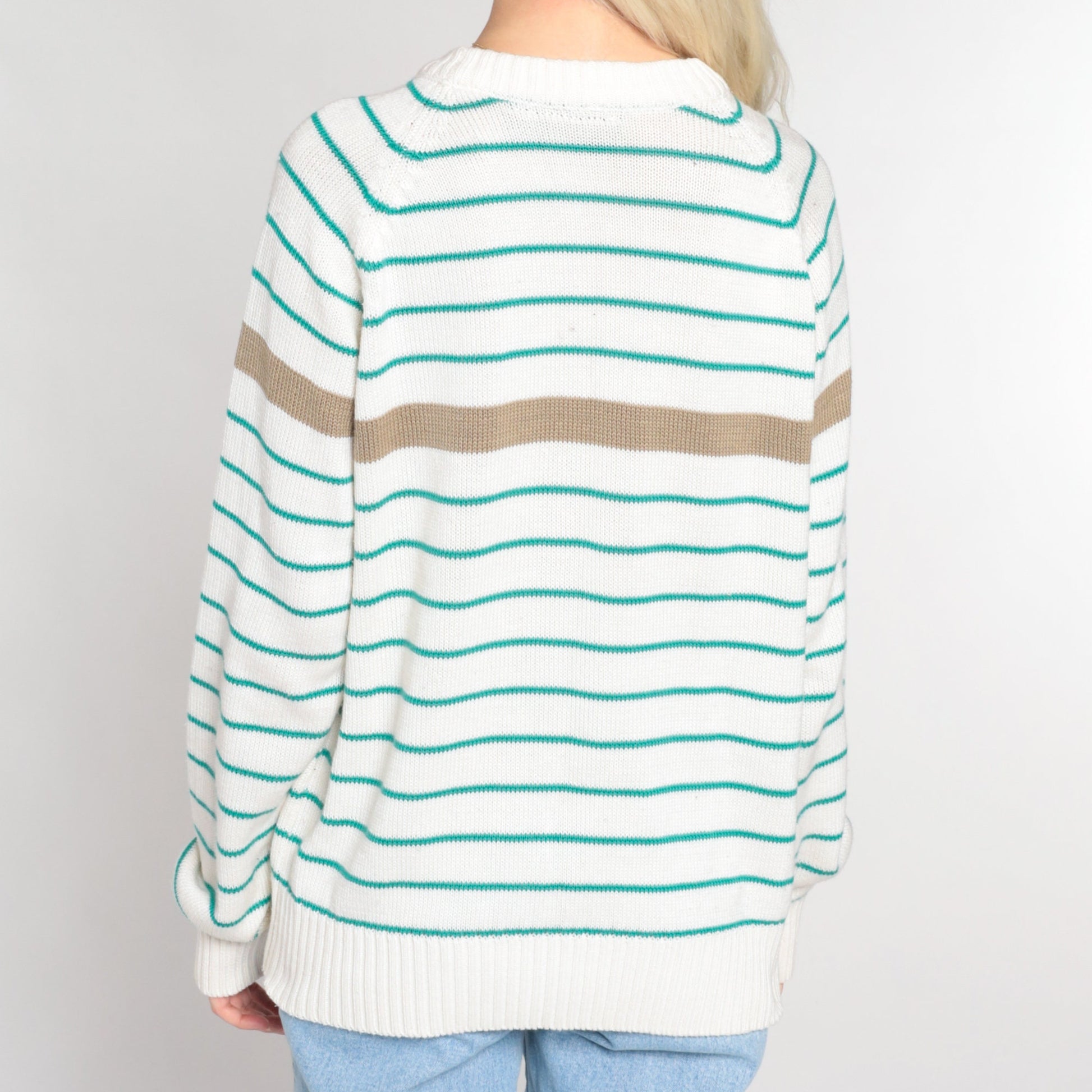 90s Striped Pullover Sweater White Green Tan Raglan Crewneck Large L