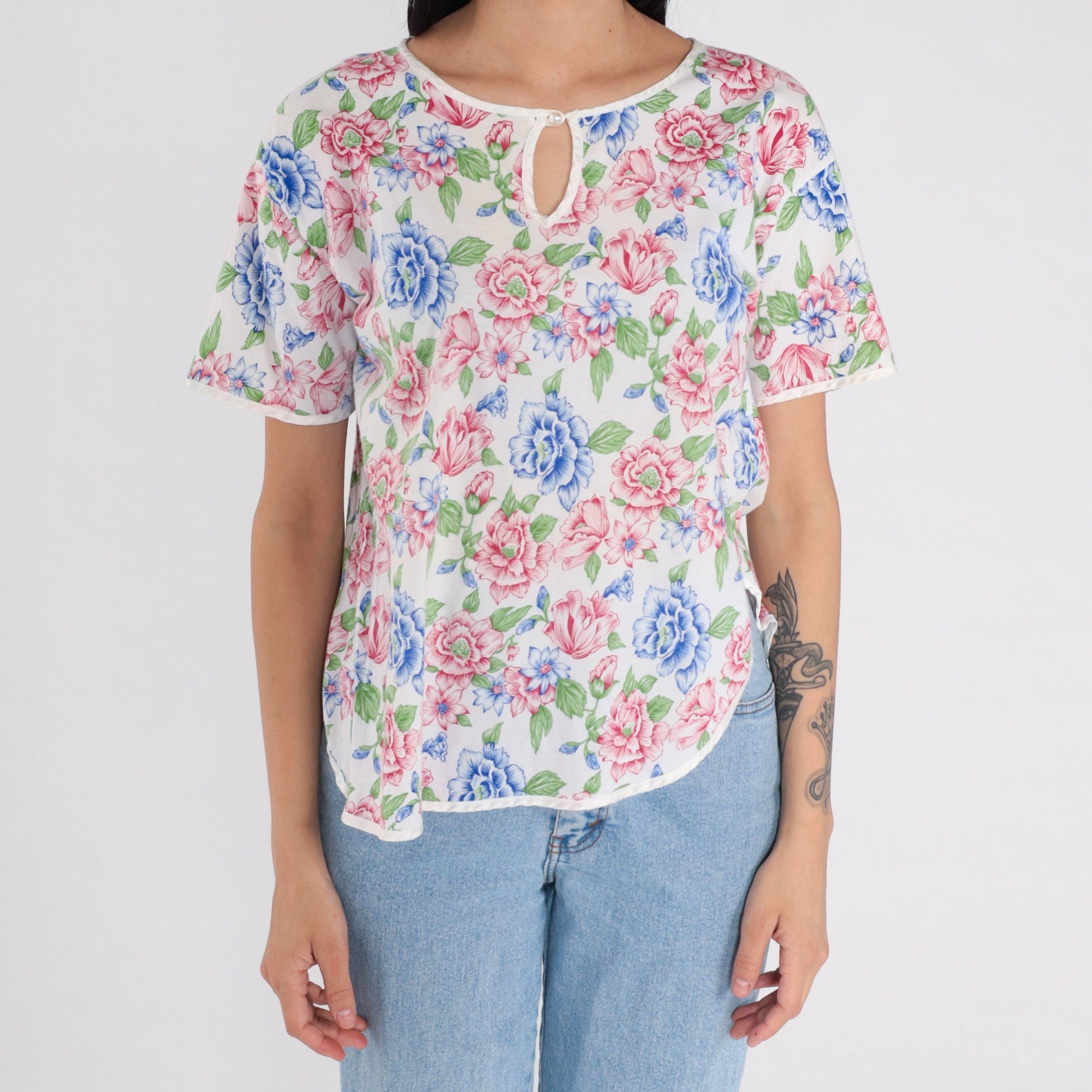 90s Floral Keyhole Blouse White Flower Print Cotton Short Sleeve Small