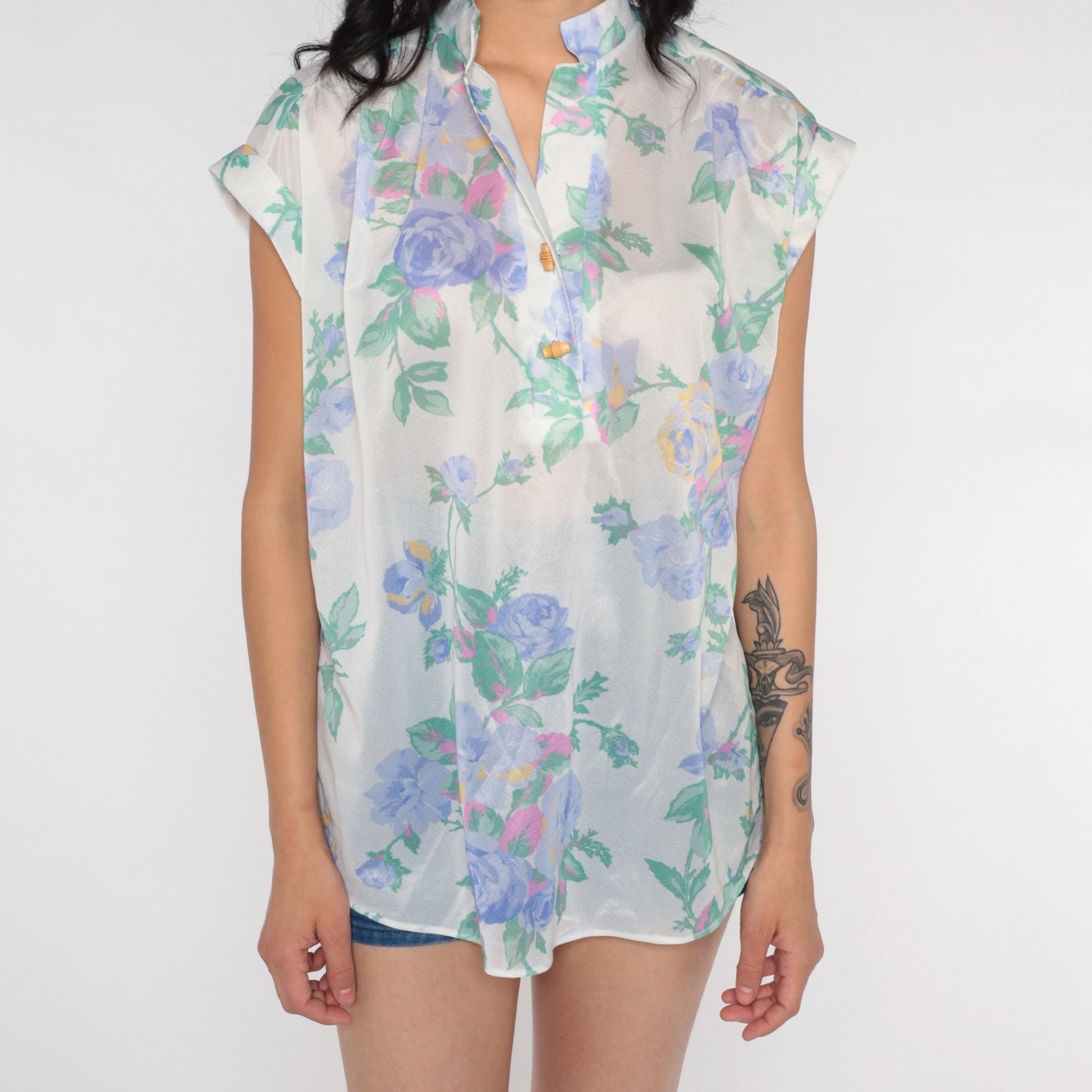 70s Floral Blouse White Semi-Sheer Cap Sleeve Toggle Button Up Medium