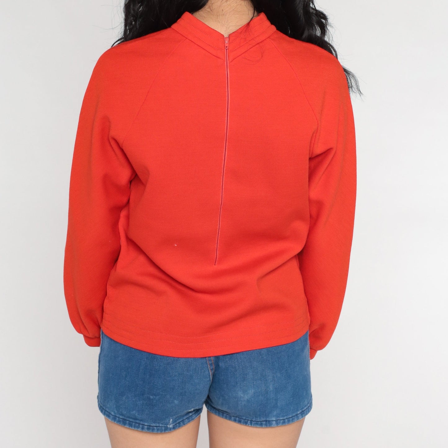 70s Red-Orange Mock Neck Raglan Sleeve Blouse Medium