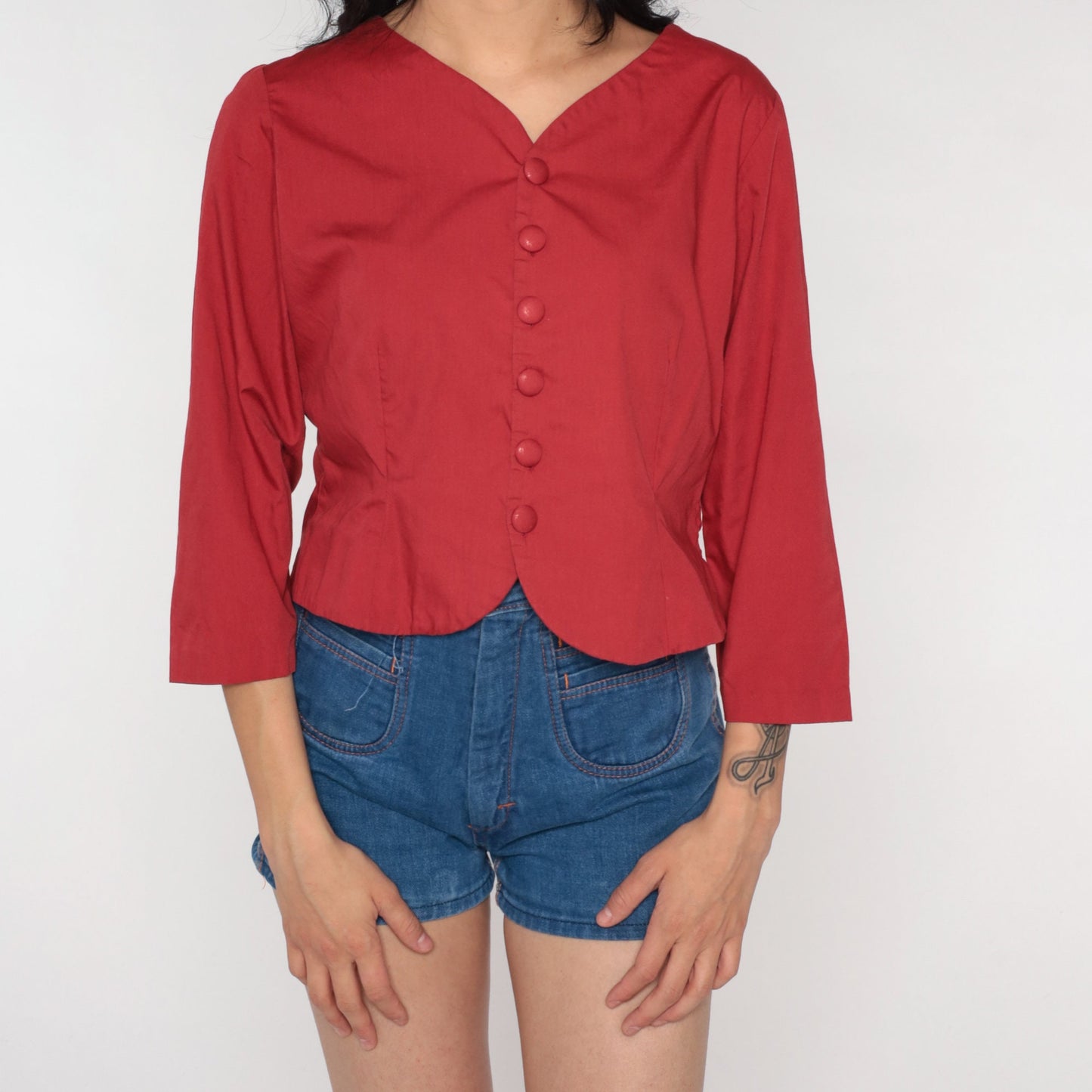 70s Red Button-Up Shirt Cotton Blend V-Neck 3/4 Sleeve Small S