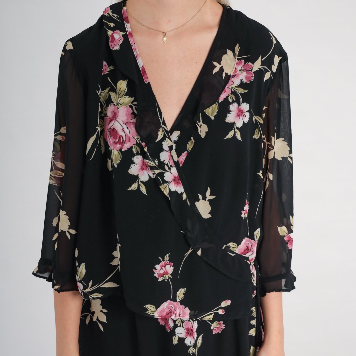 90s Black Floral Chiffon Maxi Dress V-Neck 3/4 Sleeve Wrap Large