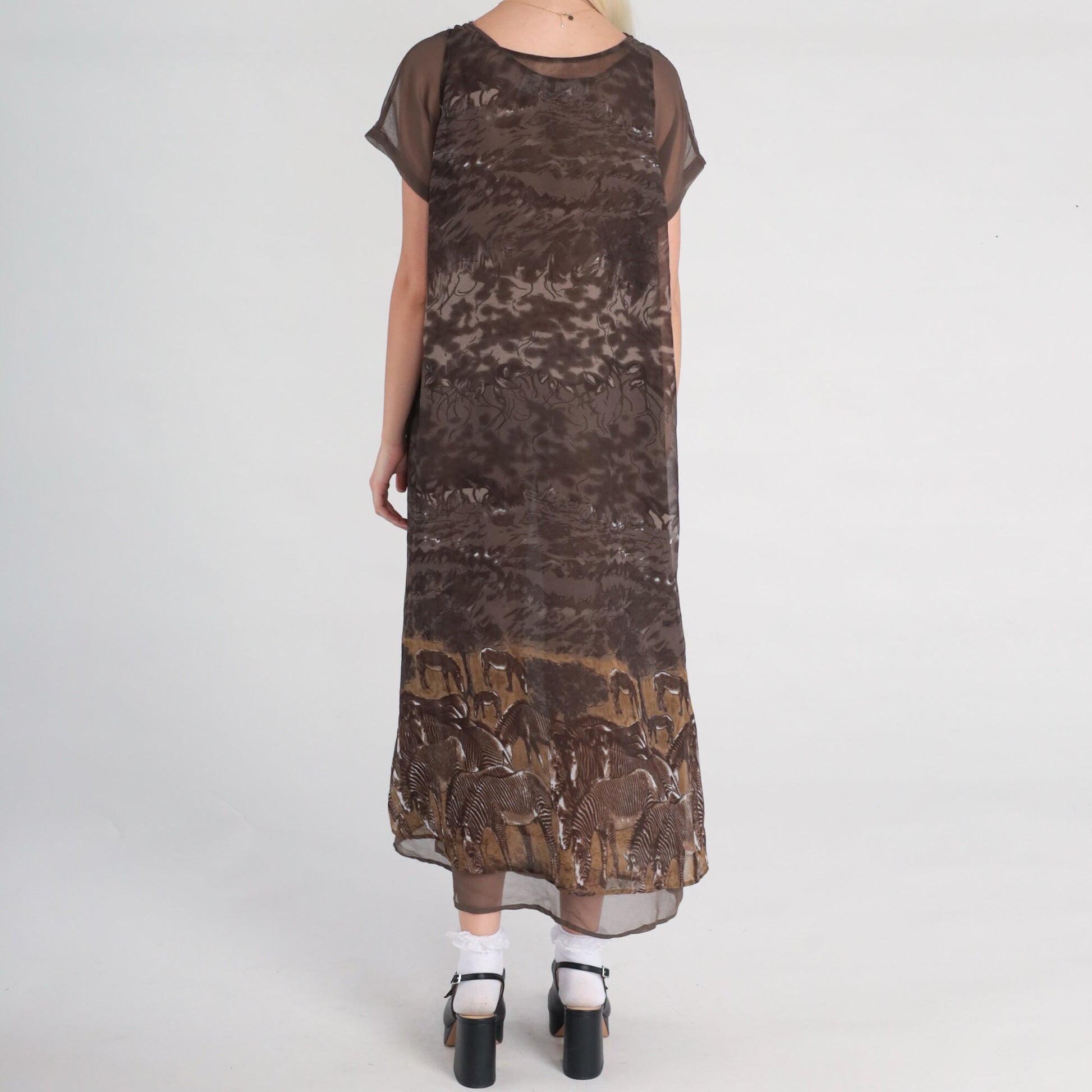 90s Zebra Print Shift Dress Brown Column Midi Short Sleeve Medium