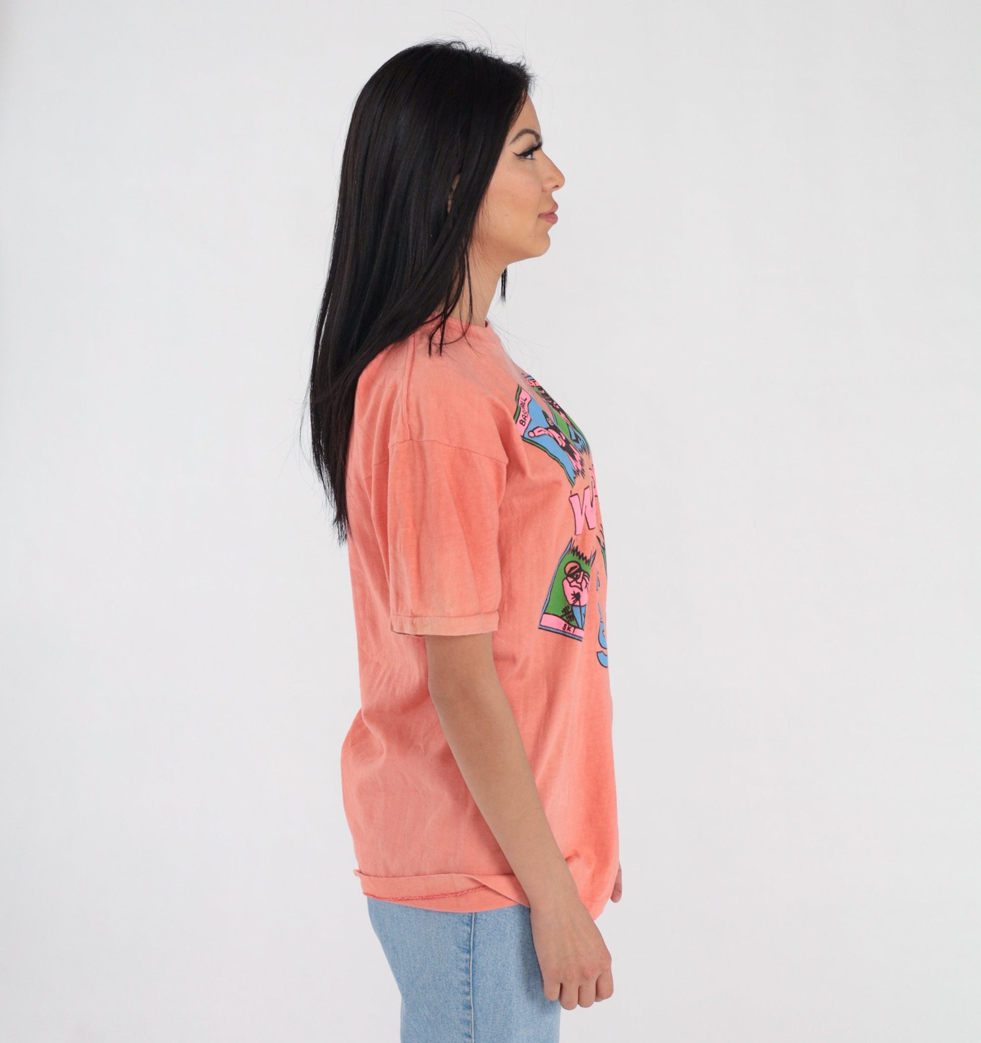 90s World Sportif French Graphic T-Shirt Peach Cotton Single Stitch Medium