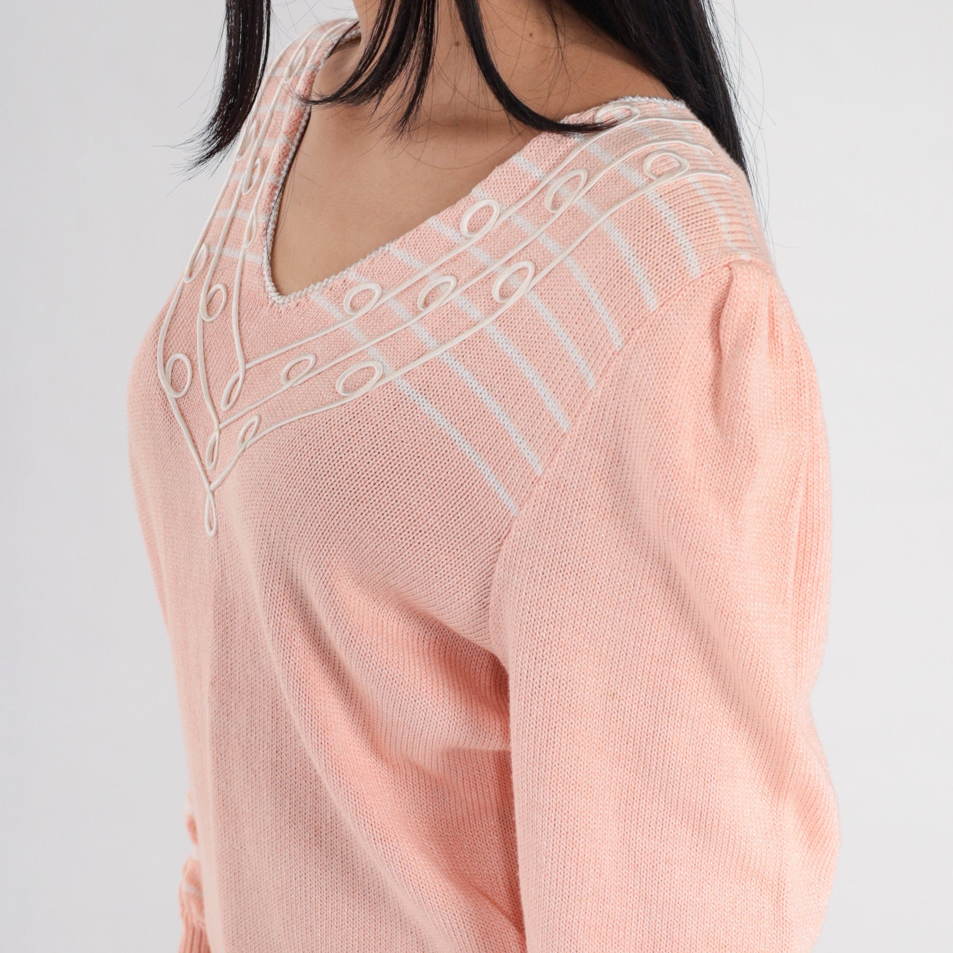 80s Pink Knit V-Neck Sweater White Stripes Soutache Trim Medium M