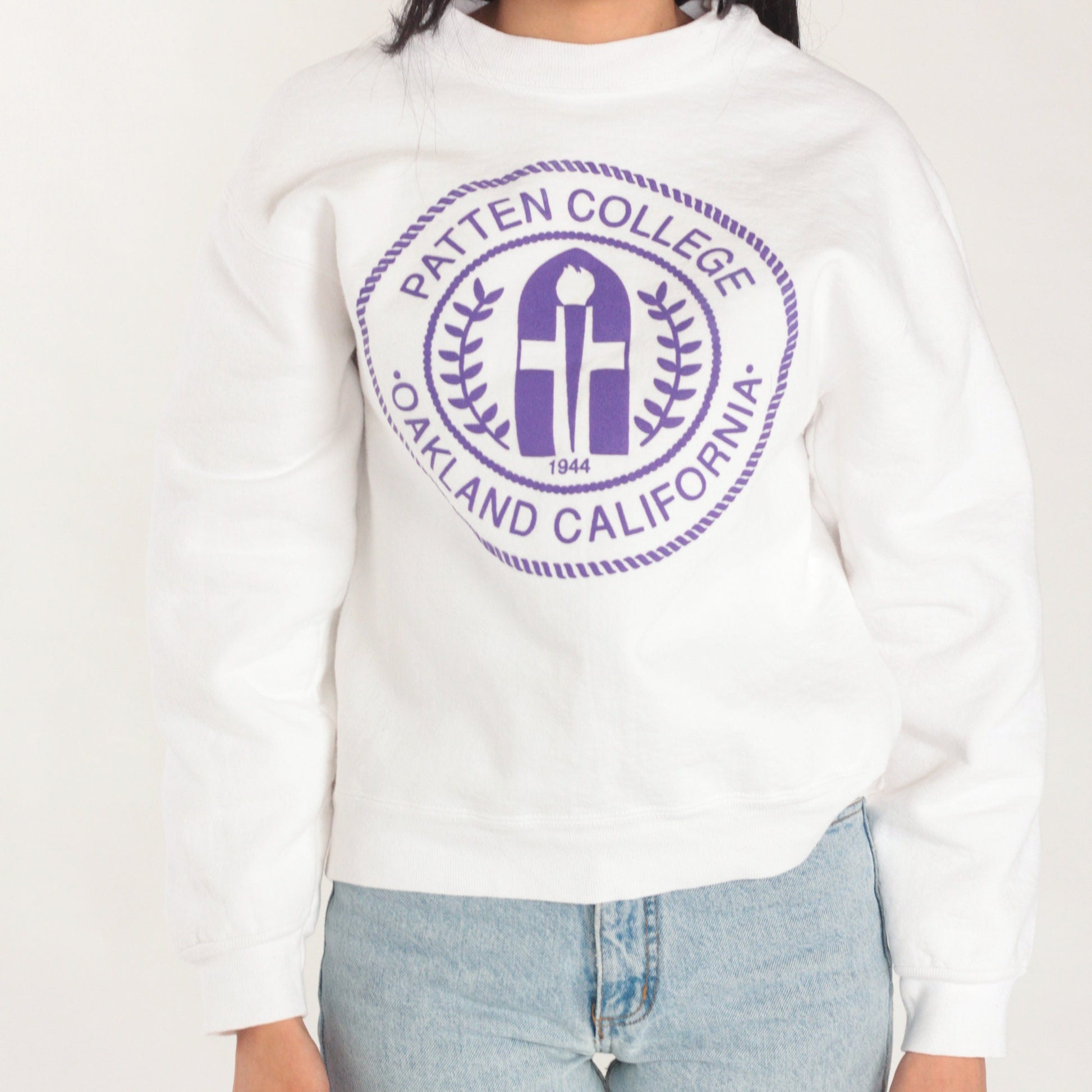 90s Patten College Oakland Sweatshirt White Purple Lions Graphic Small S