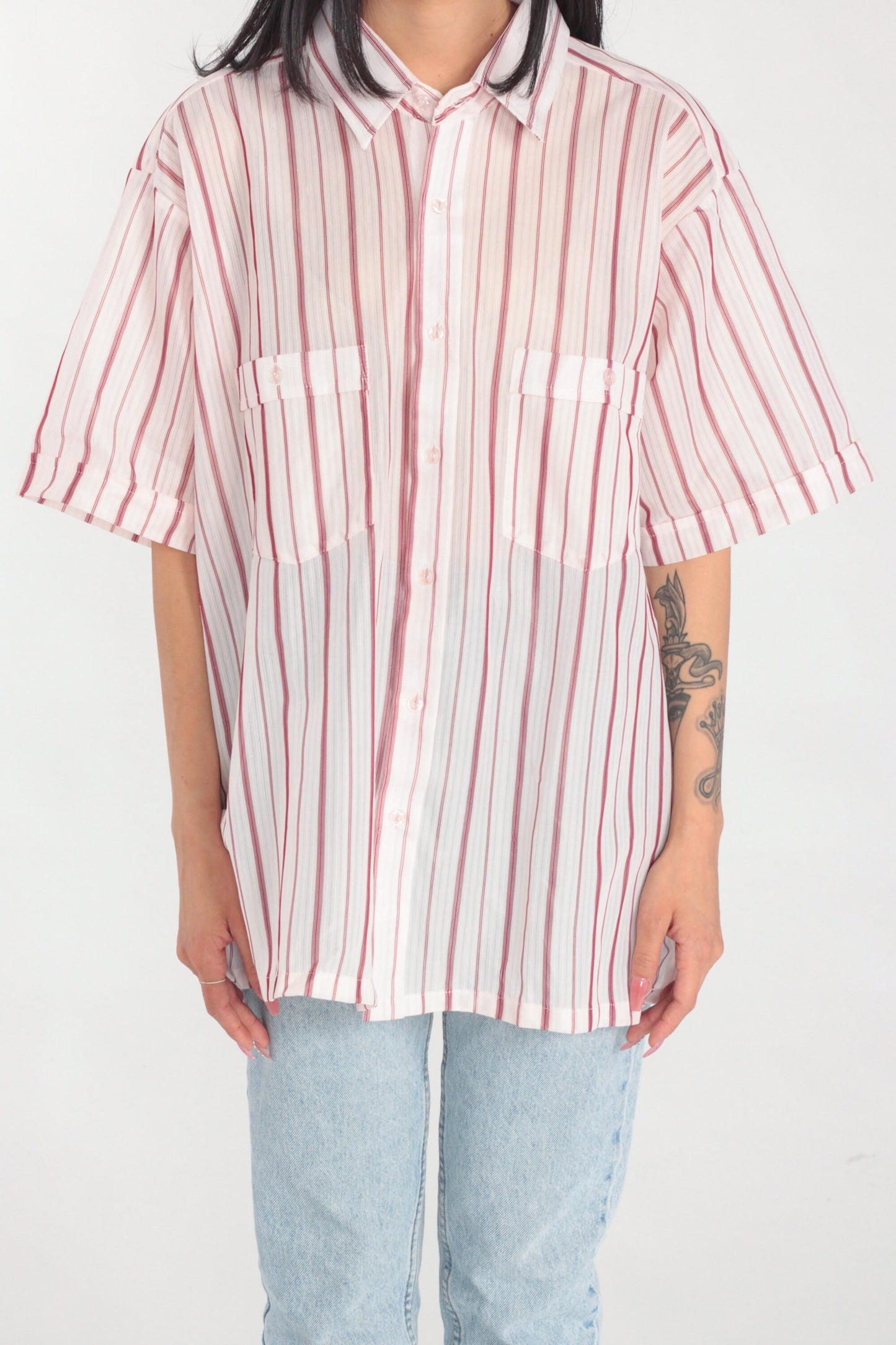 80s White Red Striped Button-Up Shirt Short Sleeve Collared Men's Extra Large