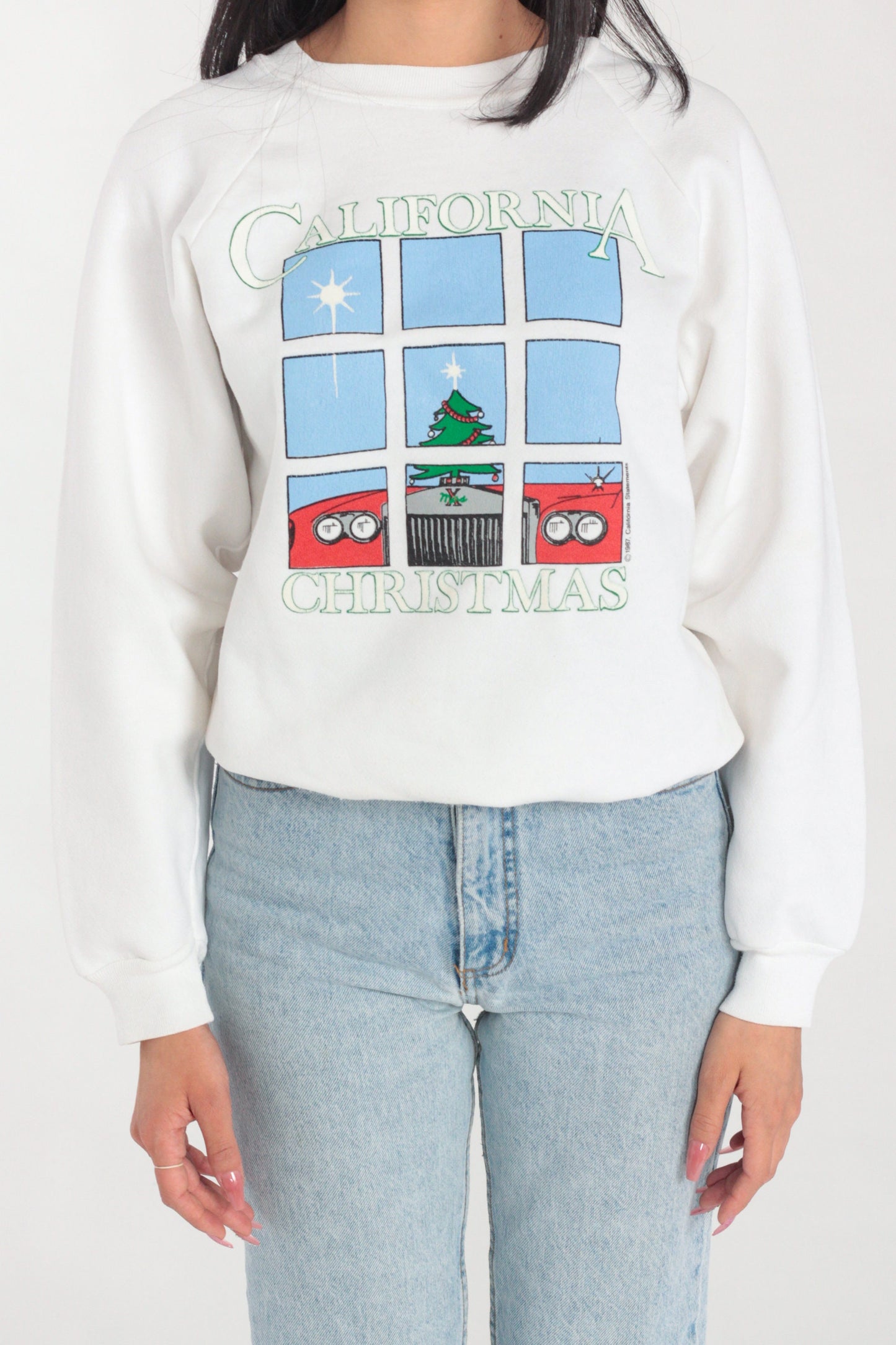 80s California Christmas Sweatshirt White Raglan Graphic Car Tree Small