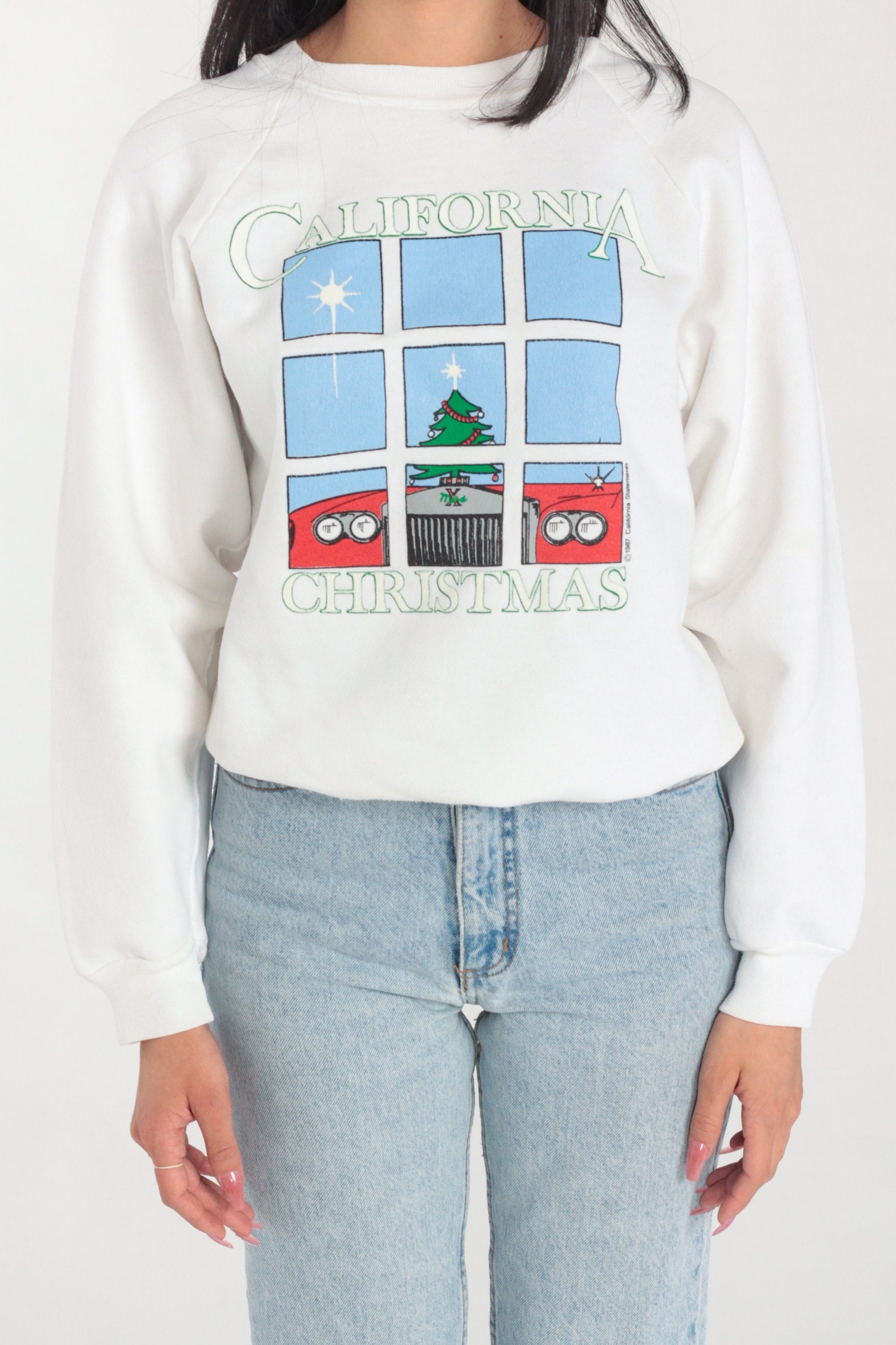 80s California Christmas Sweatshirt White Raglan Graphic Car Tree Small