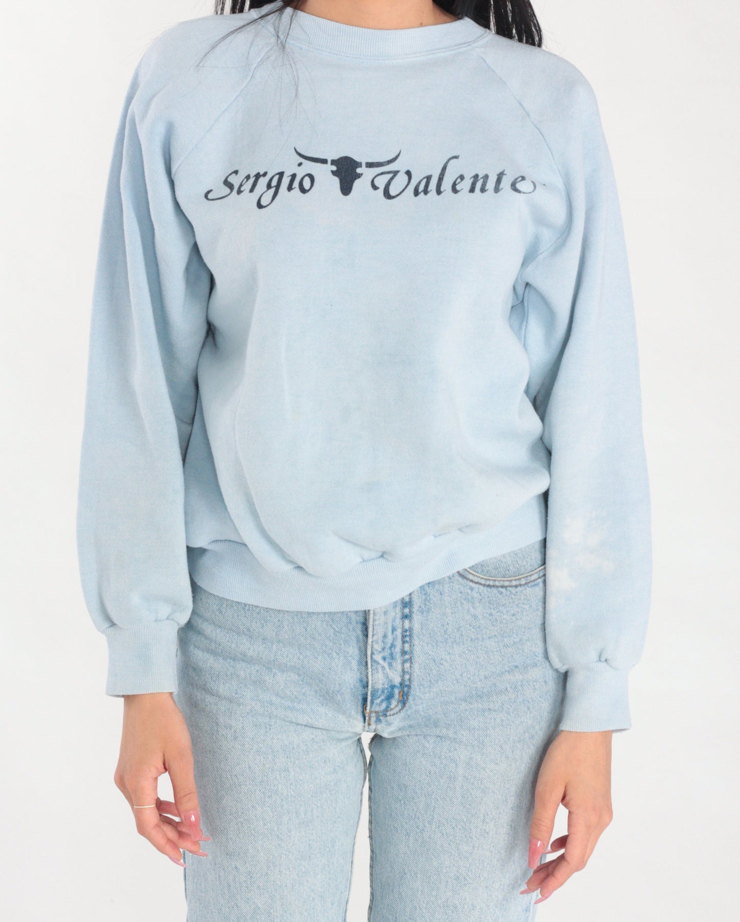 90s Sergio Valente Sweatshirt Light Blue Raglan Graphic Distressed Medium M
