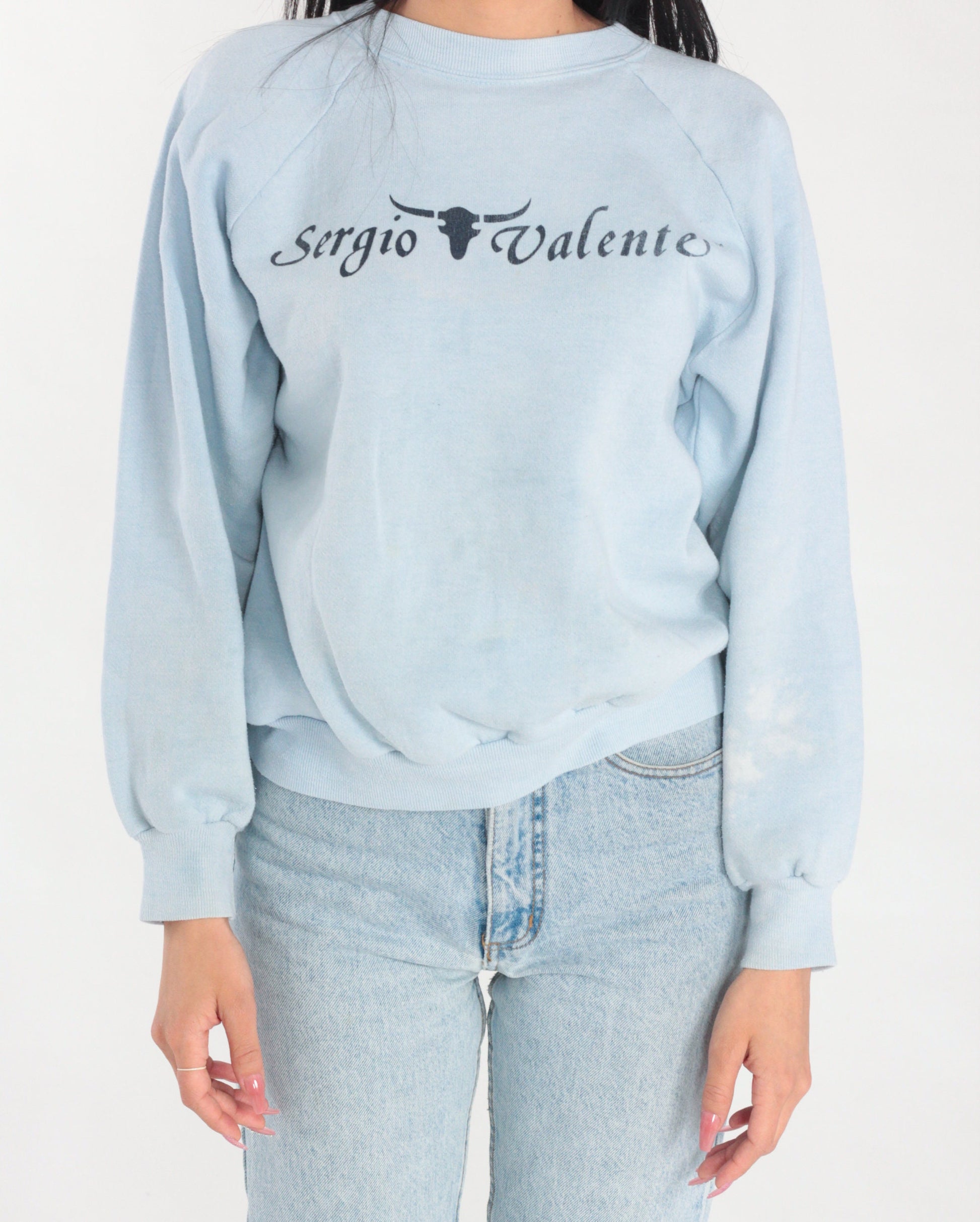 90s Sergio Valente Sweatshirt Light Blue Raglan Graphic Distressed Medium M