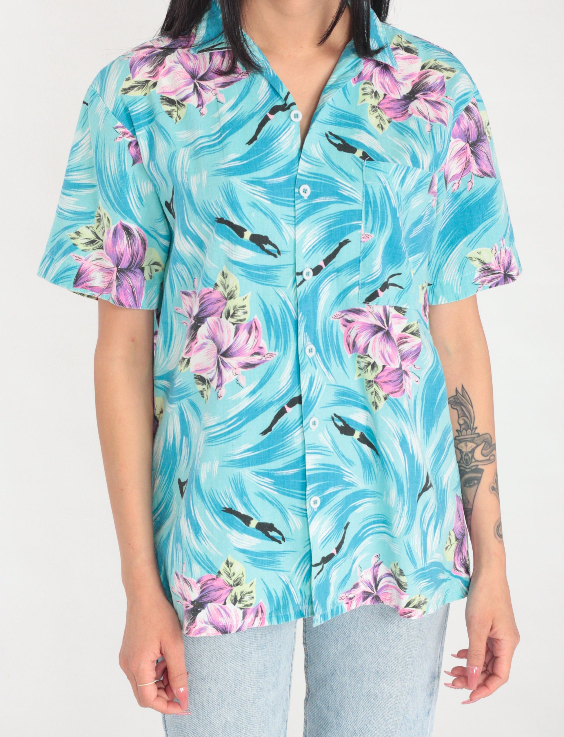 90s Tropical Floral Swimmer Print Button Up Shirt Blue Cotton Medium