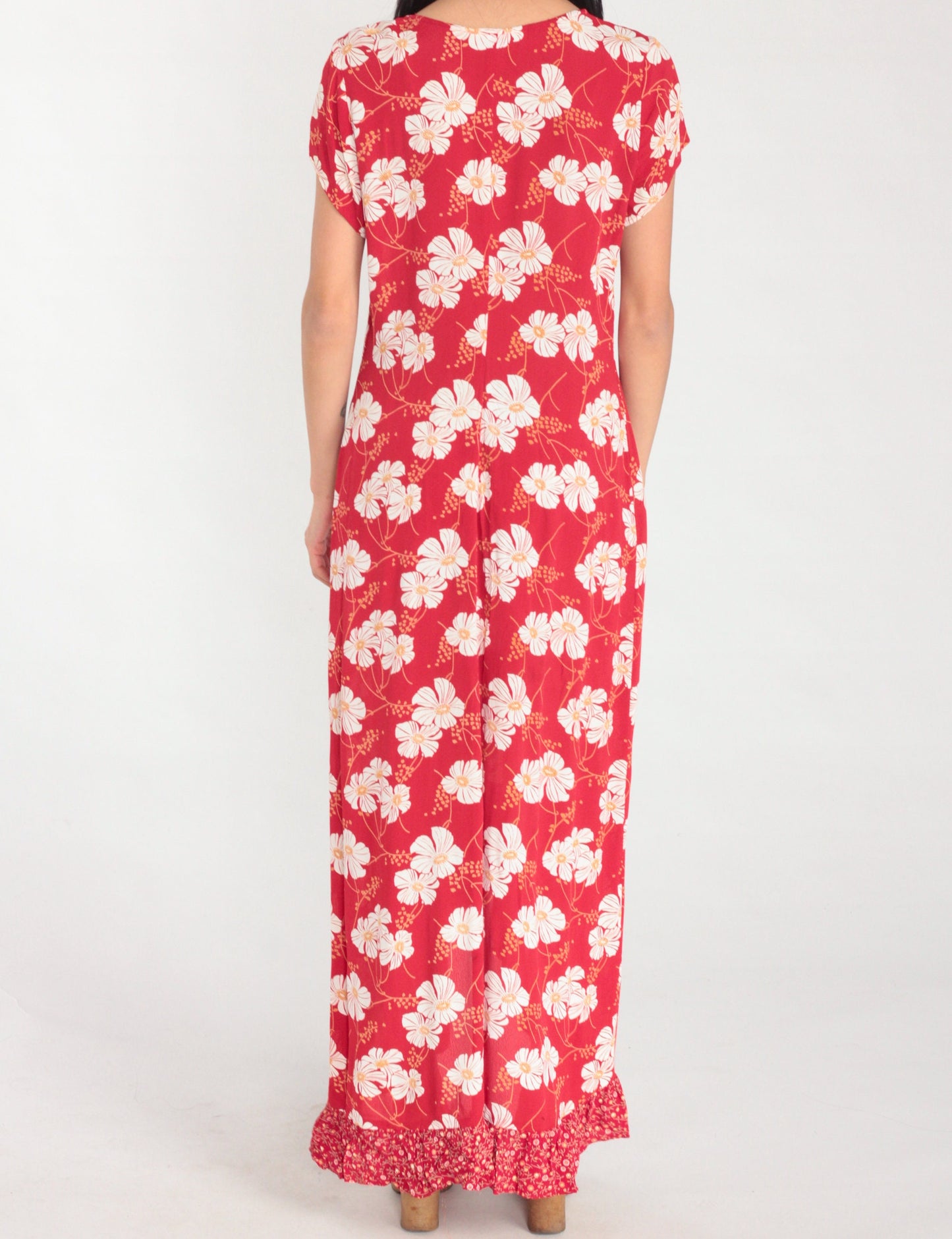 90s Red Floral Maxi Dress White Poppy Print Ruffled V-Neck Short Sleeve Small