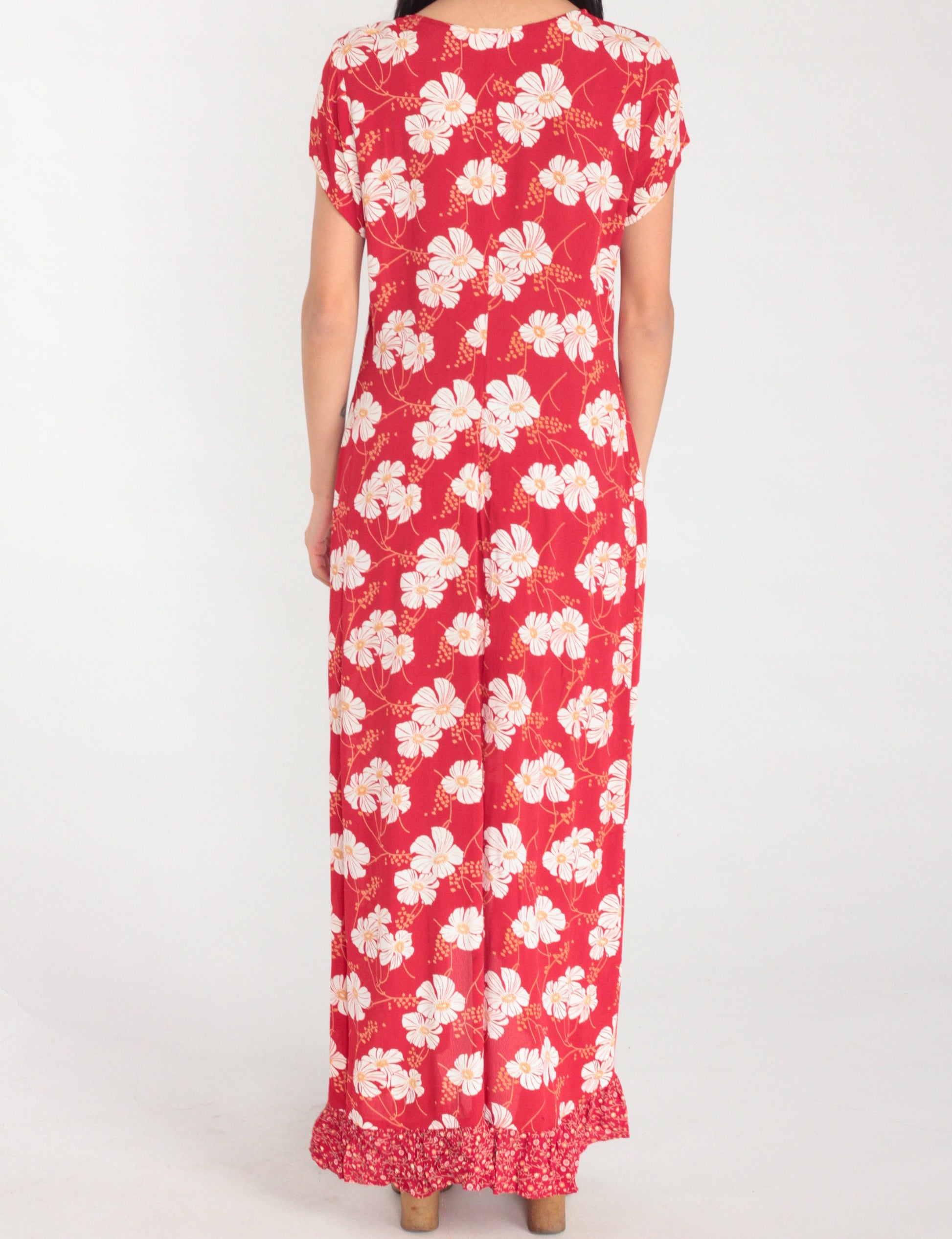 90s Red Floral Maxi Dress White Poppy Print Ruffled V-Neck Short Sleeve Small