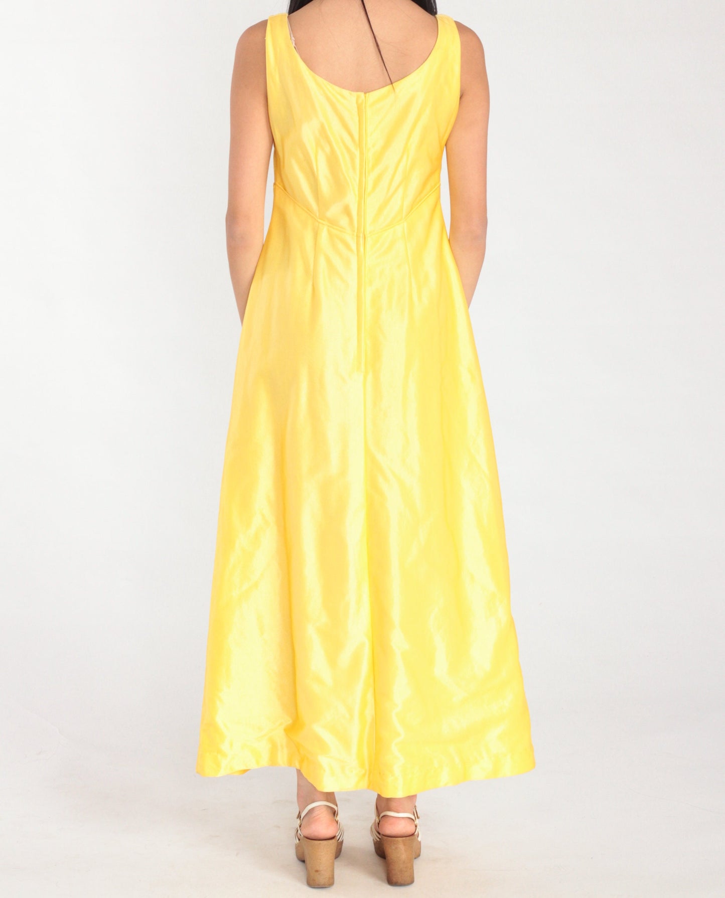 70s Yellow Empire Waist Maxi Dress Sleeveless Ankle Length Small