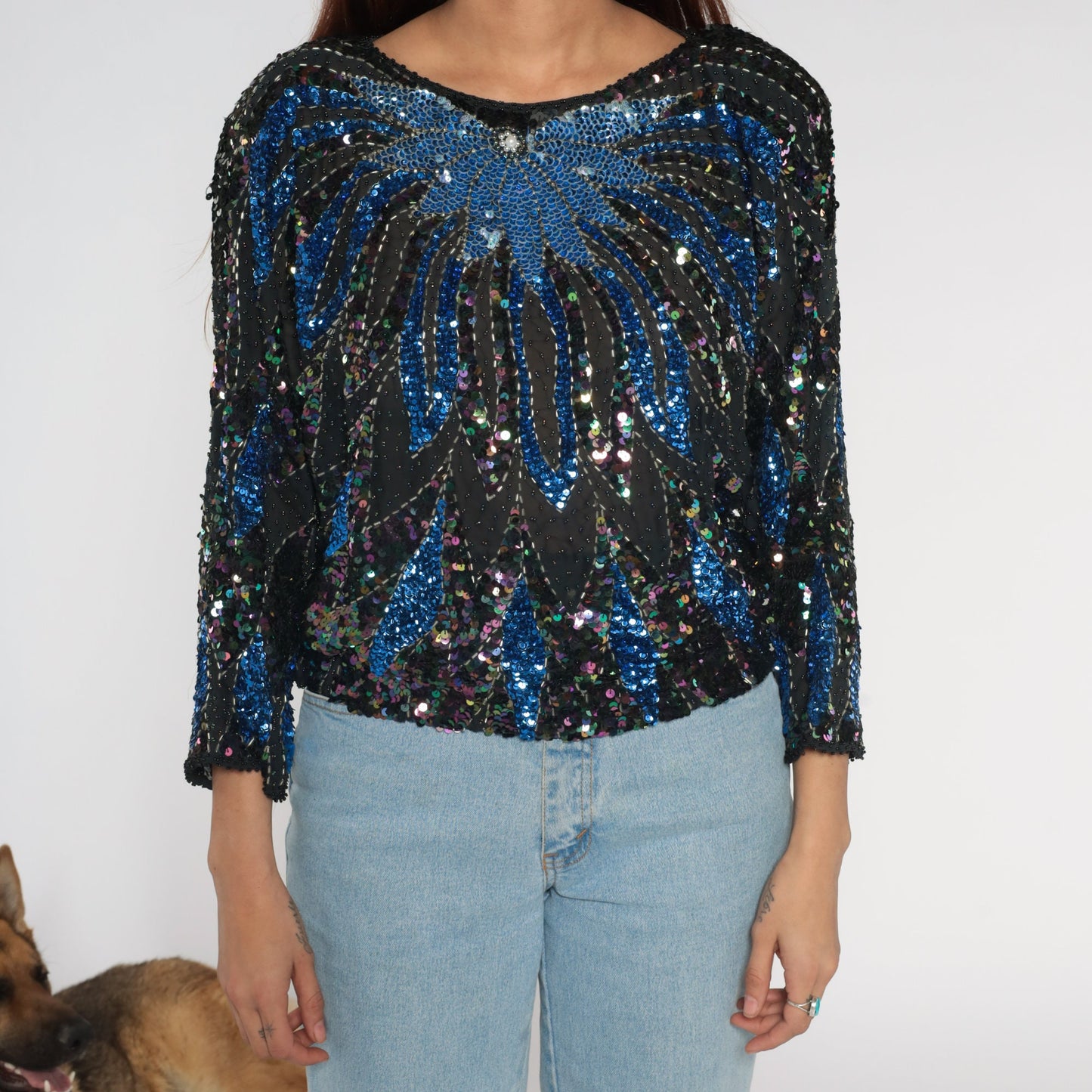 80s Black Sequin Beaded Blouse Blue Floral Dolman Sleeve Medium Large