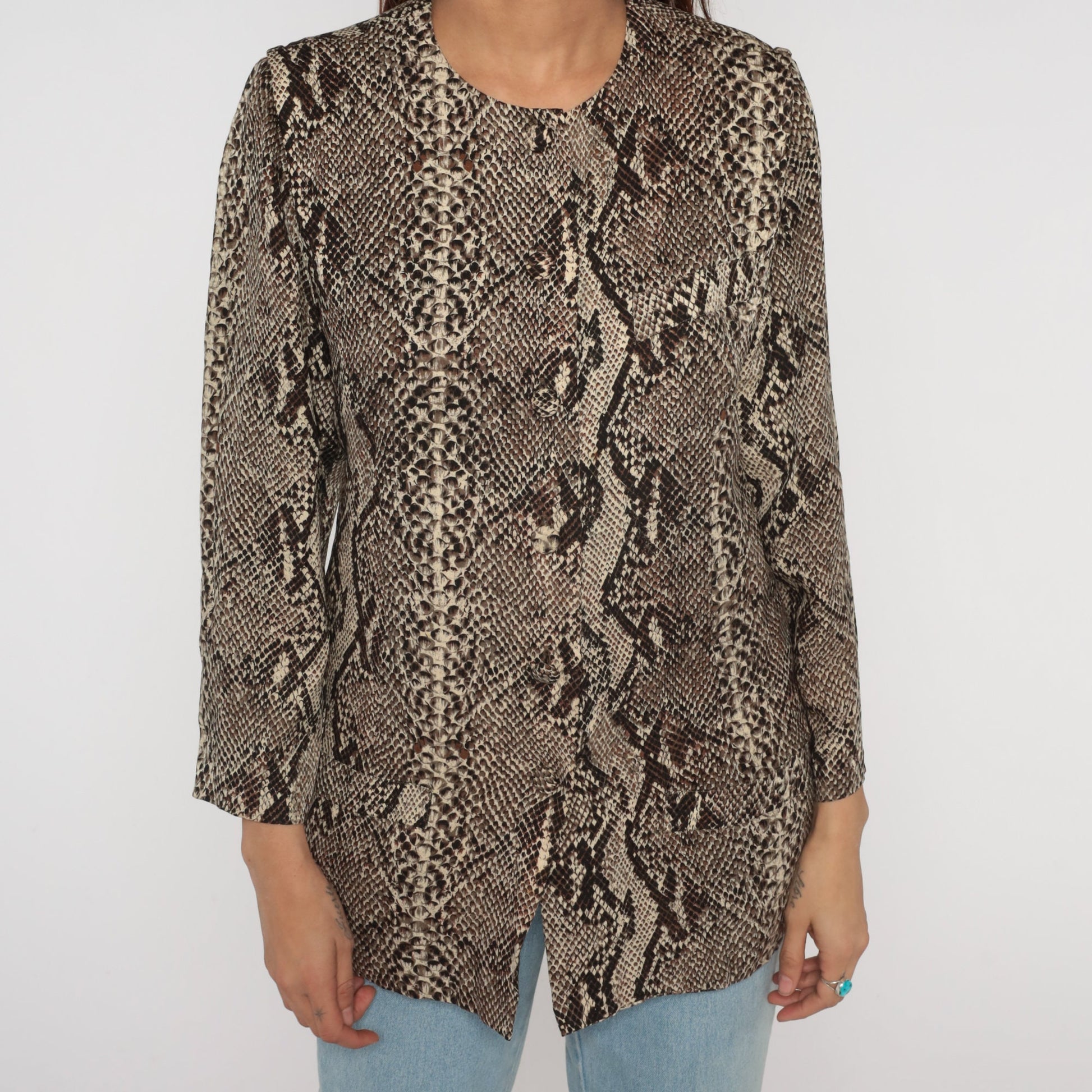 80s Flora Kung Silk Snakeskin Scale Print Blouse Brown Button Up Small