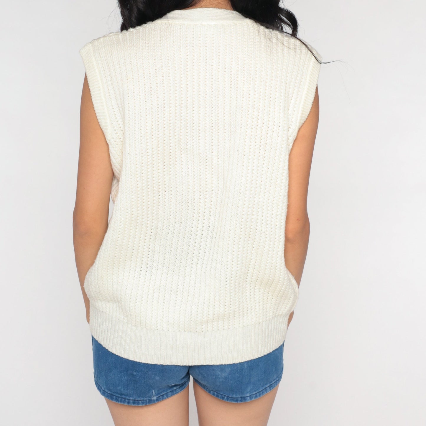 70s Cream Knit Vest Cap Sleeve Button-Up Sweater Tank Small S