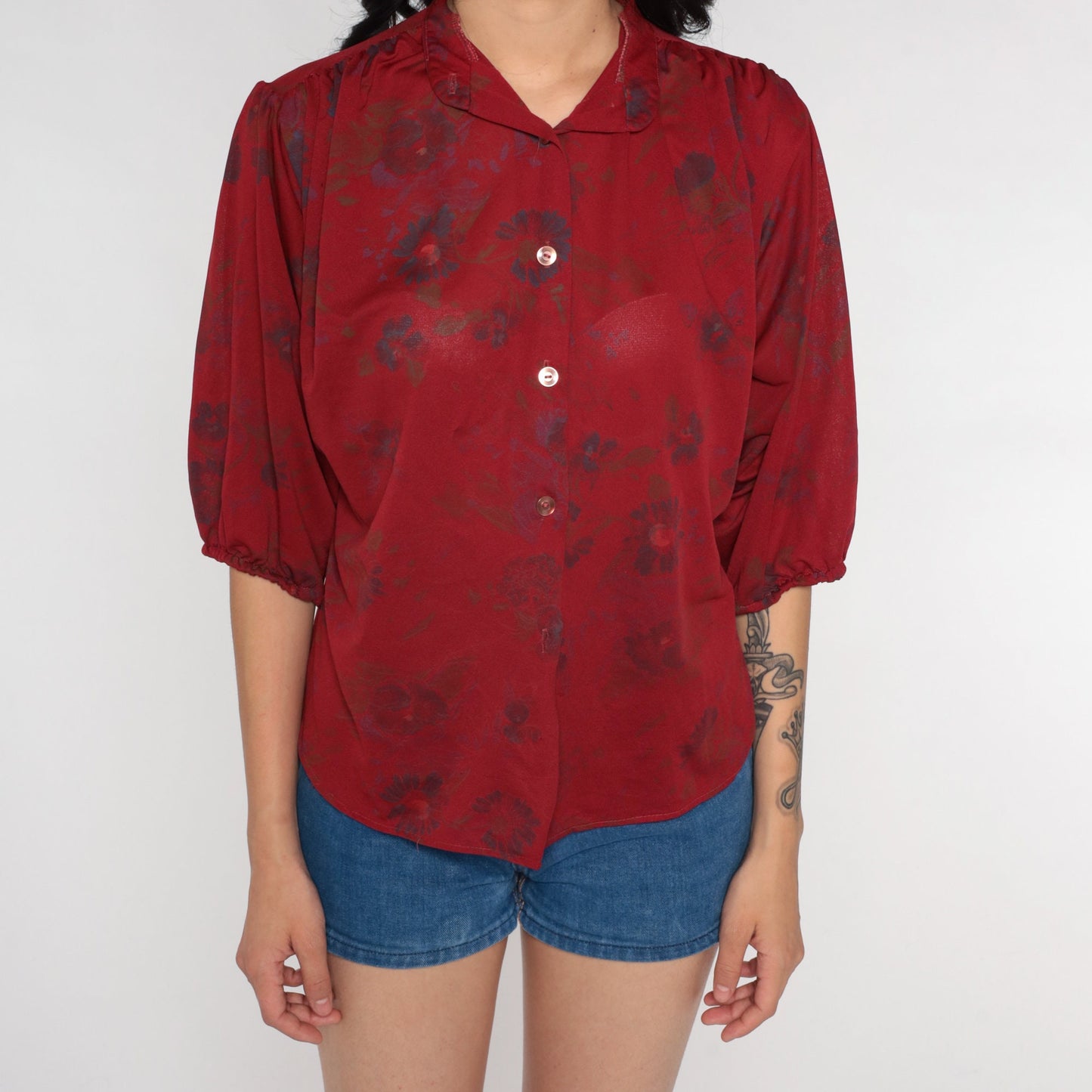 70s Red Floral Puff Sleeve Button-Up Blouse Semi-Sheer Collared Medium Large