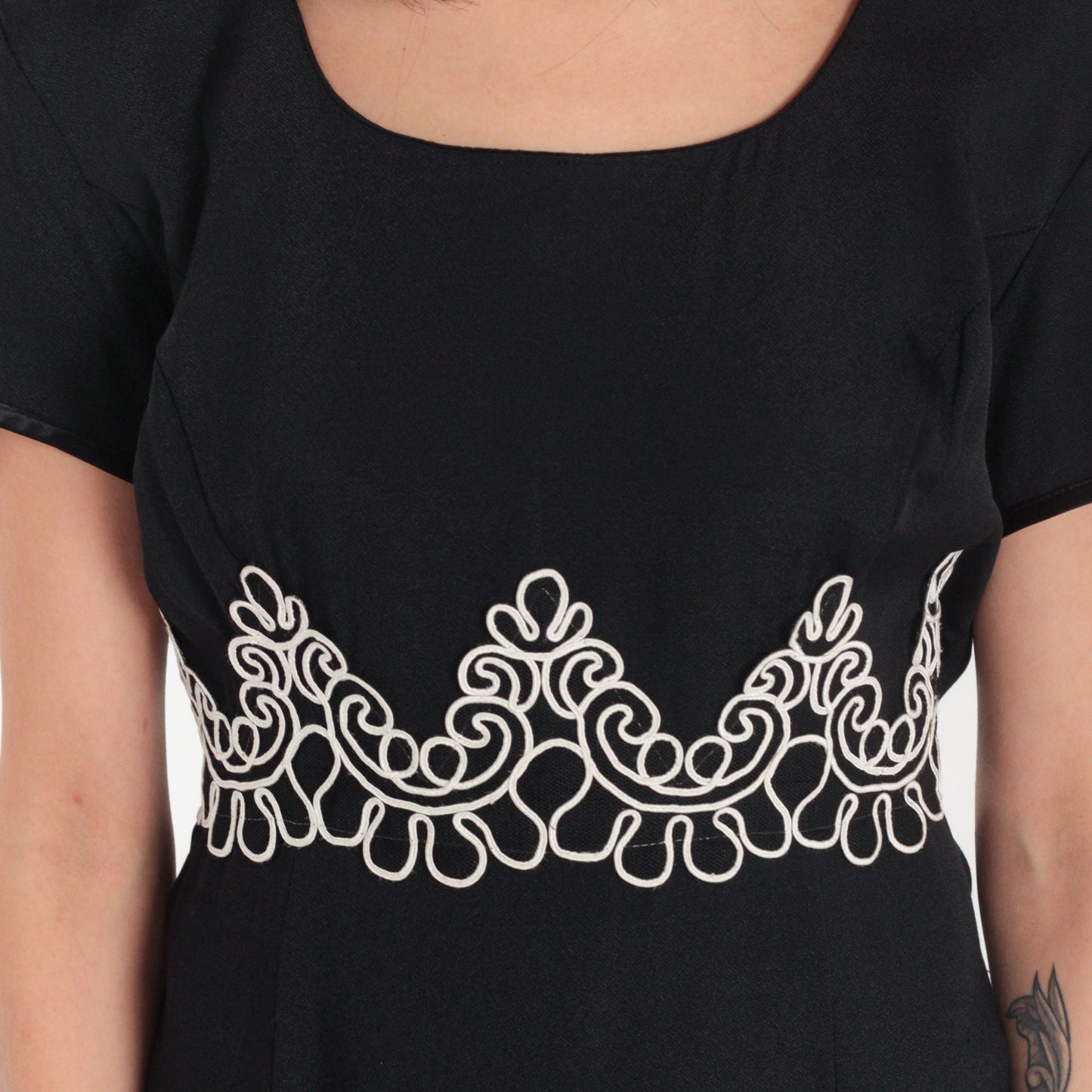 90s Black Mini Dress Soutache Trim Short Sleeve Shift Medium M