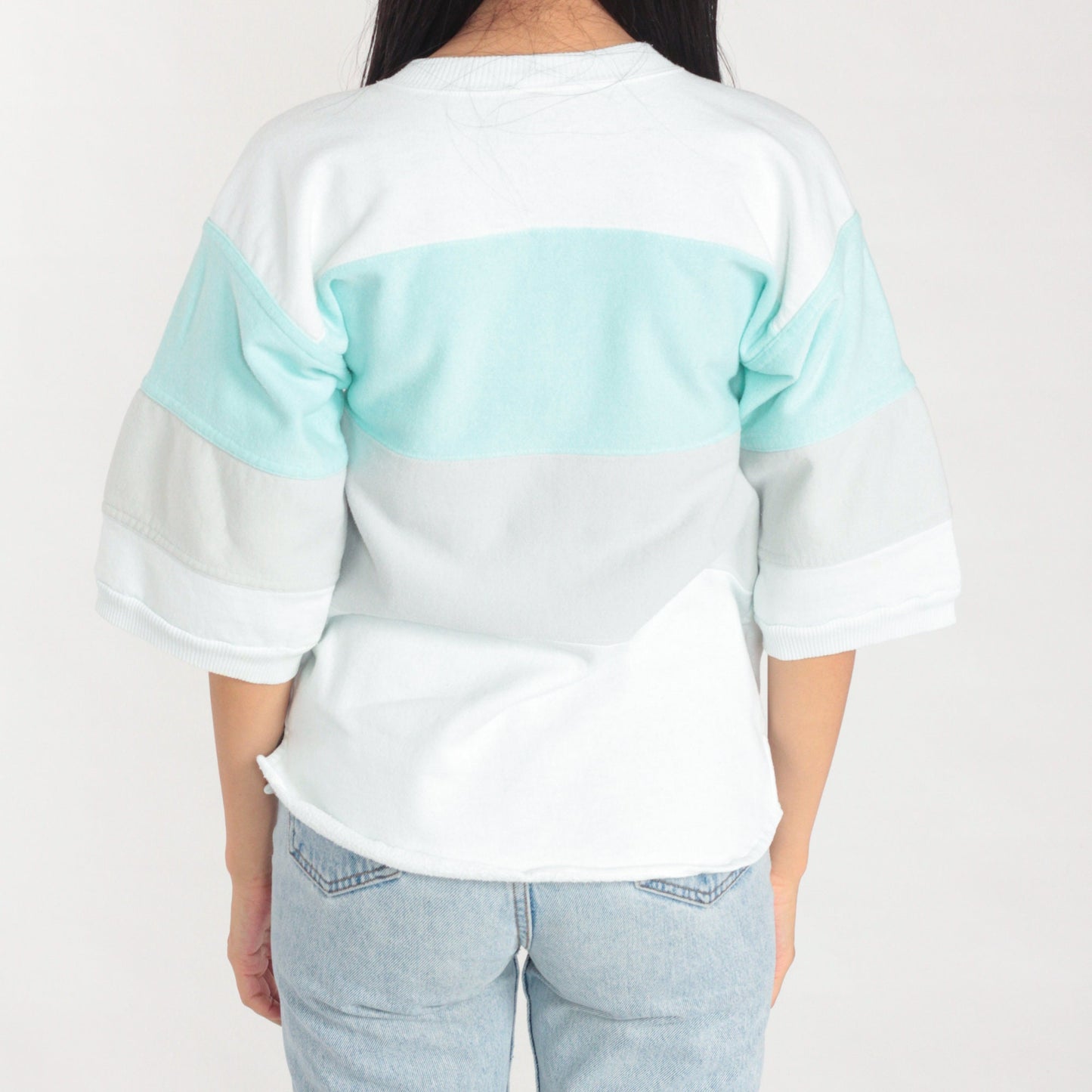 80s Restaurant Row Striped Sweatshirt White Mint Grey Graphic Tee Small