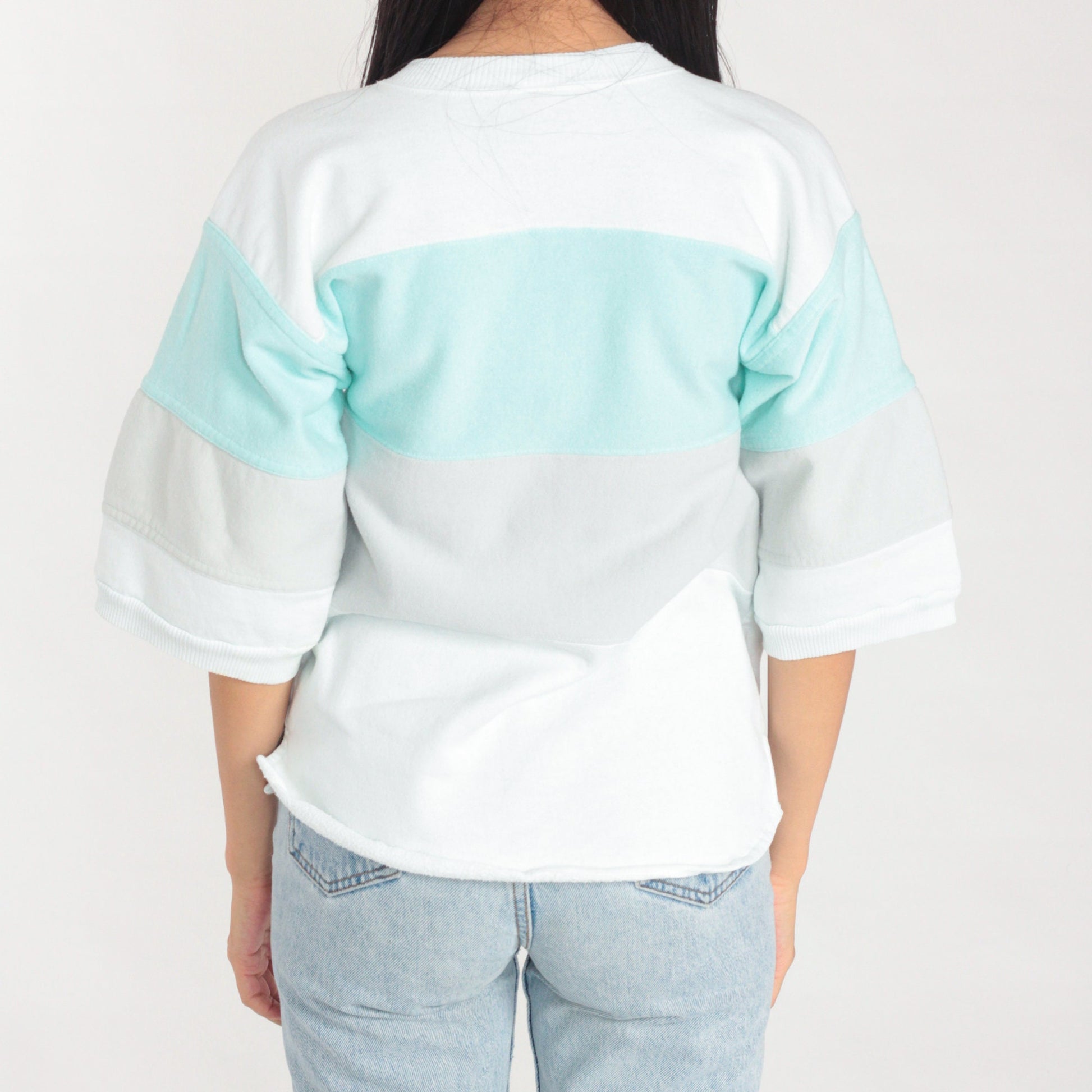 80s Restaurant Row Striped Sweatshirt White Mint Grey Graphic Tee Small