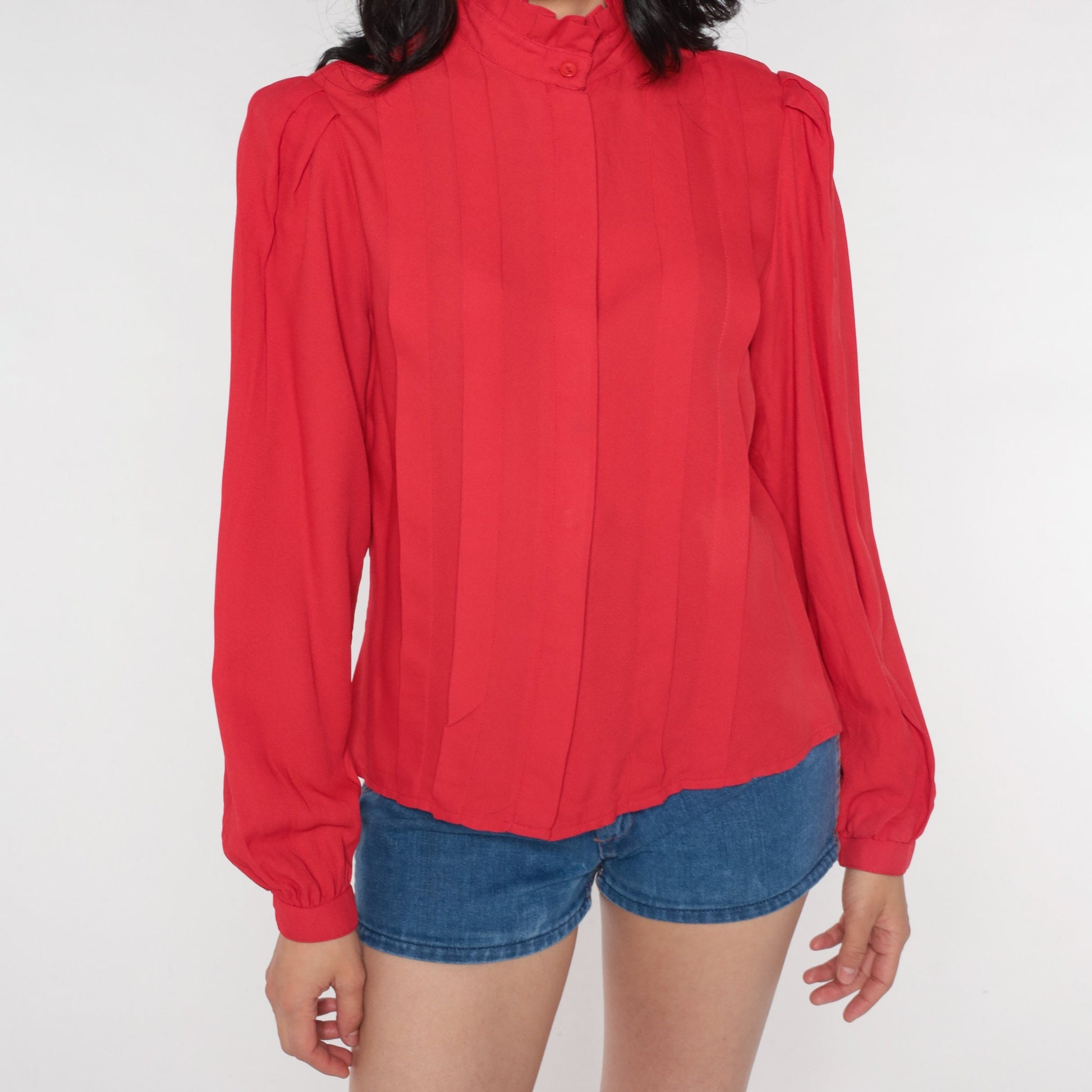 80s Red Puff Sleeve Blouse High Ruffled Neck Pleated Secretary Top Medium