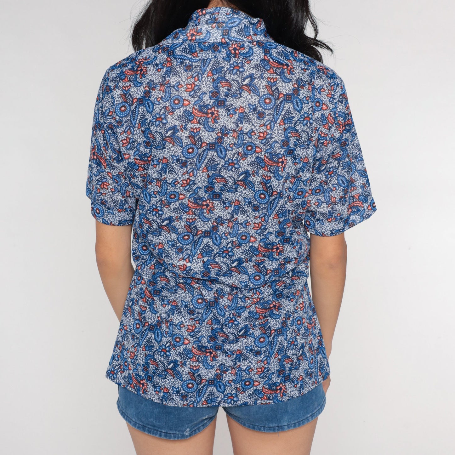 70s Blue Floral Dagger Collar Button-Up Shirt Men's Small