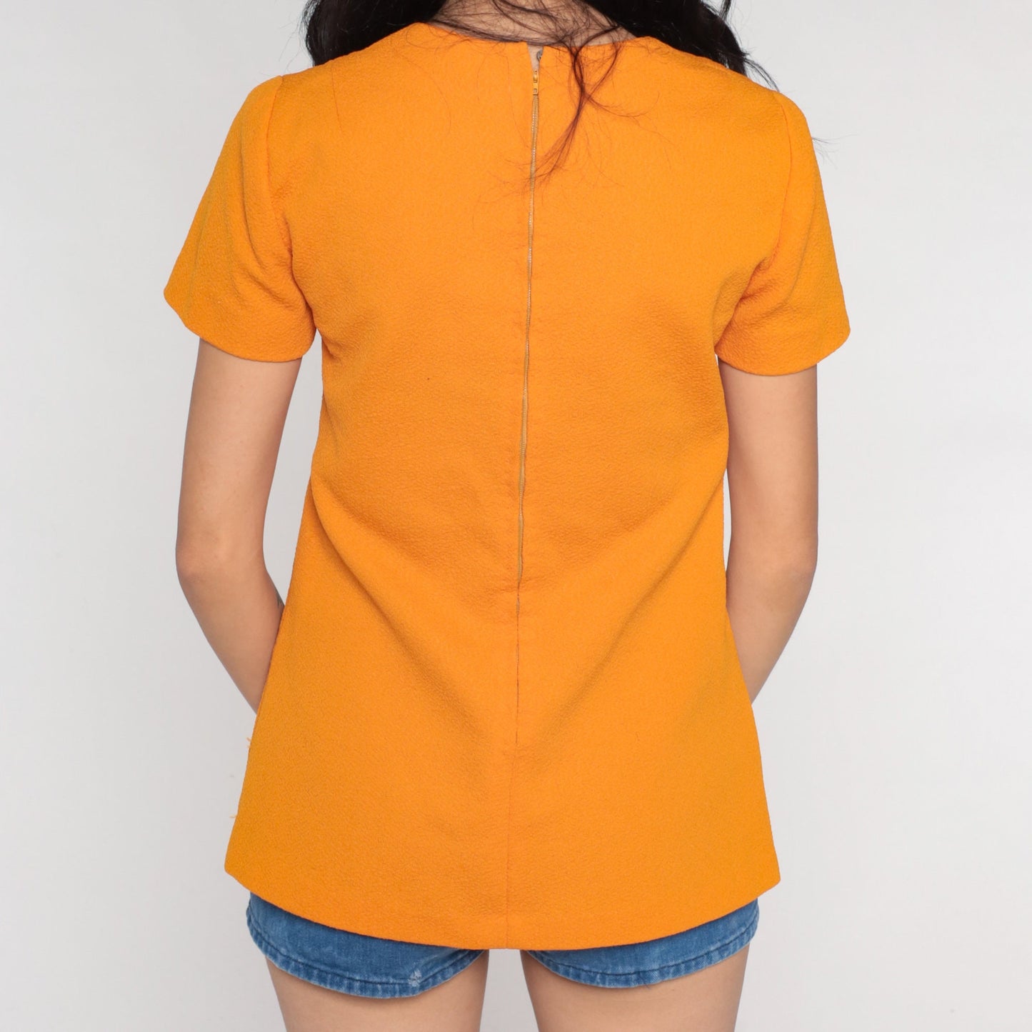 70s Orange Short Sleeve Shirt Rear Zipper Blouse Small