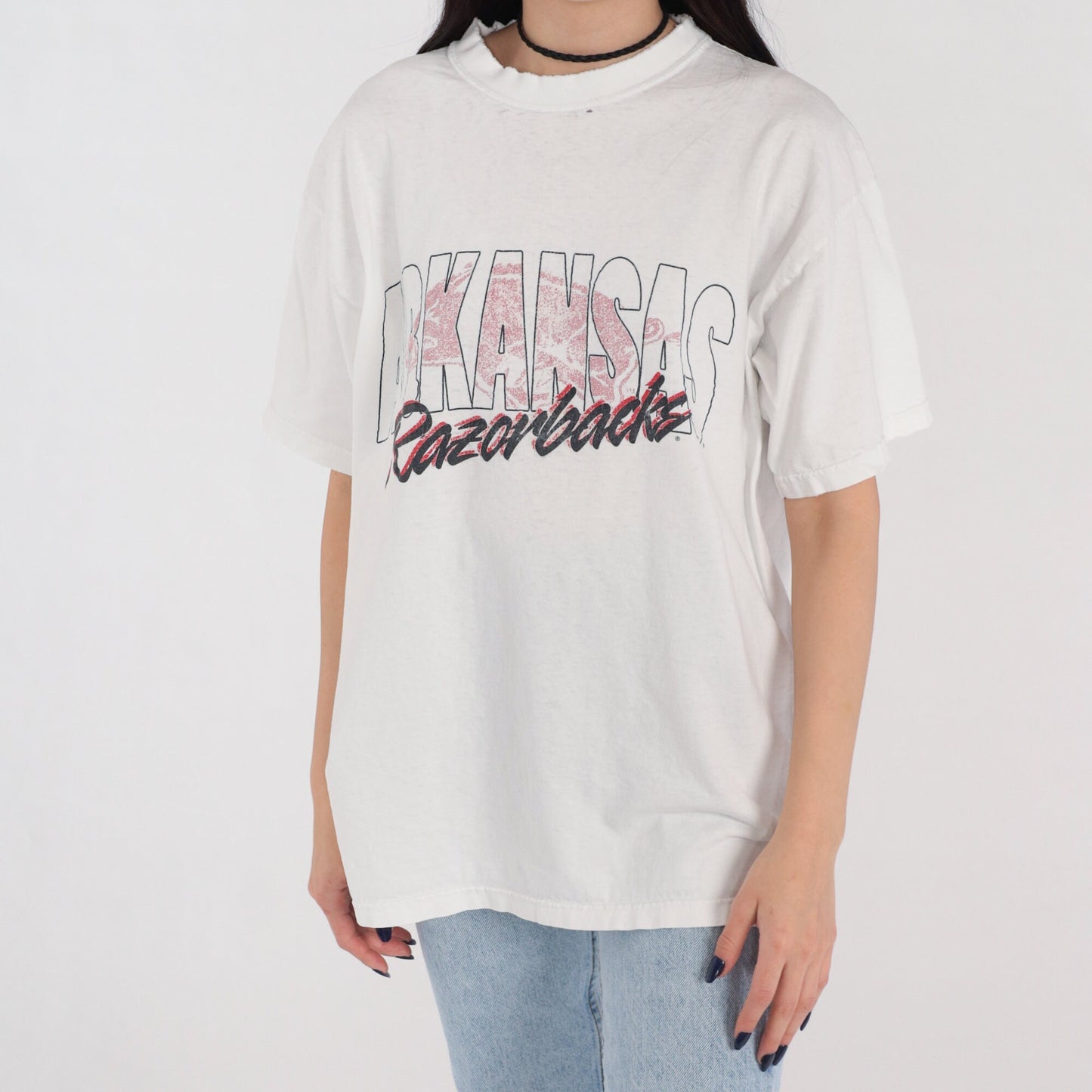 90s Arkansas Razorbacks Football Graphic T-Shirt White Cotton Large L