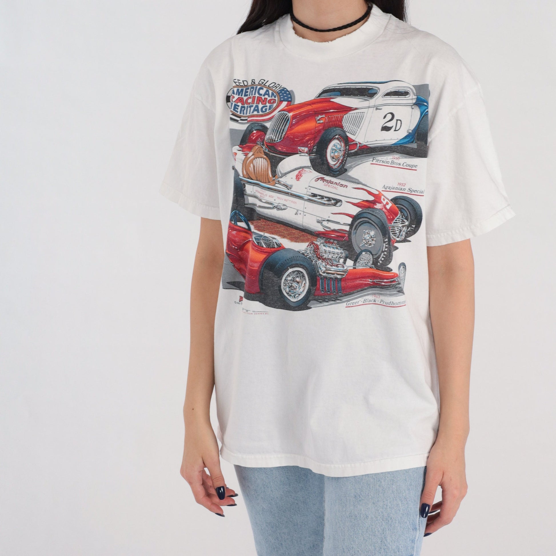 80s American Racing Racecar Graphic T-Shirt White Cotton Tee Medium