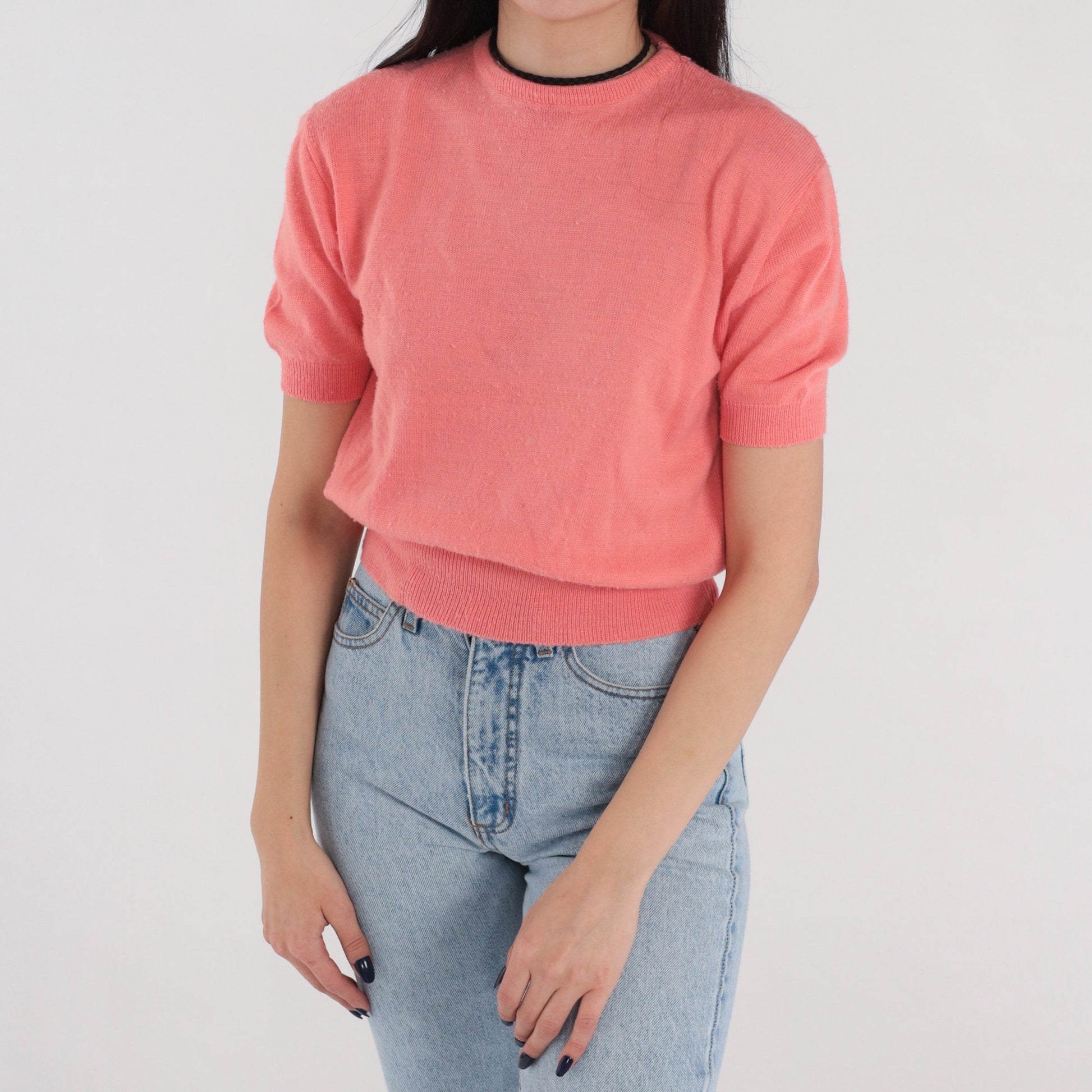 60s Pink Nylon Knit Crop Top Short Sleeve Banded Hem Small
