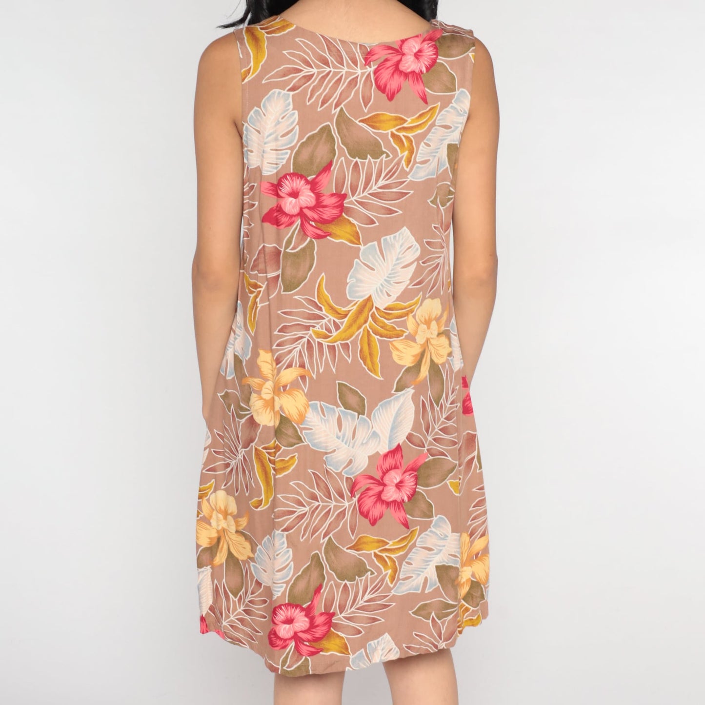 Y2K Tropical Floral Mini Dress Taupe Pink Rayon Sleeveless Medium