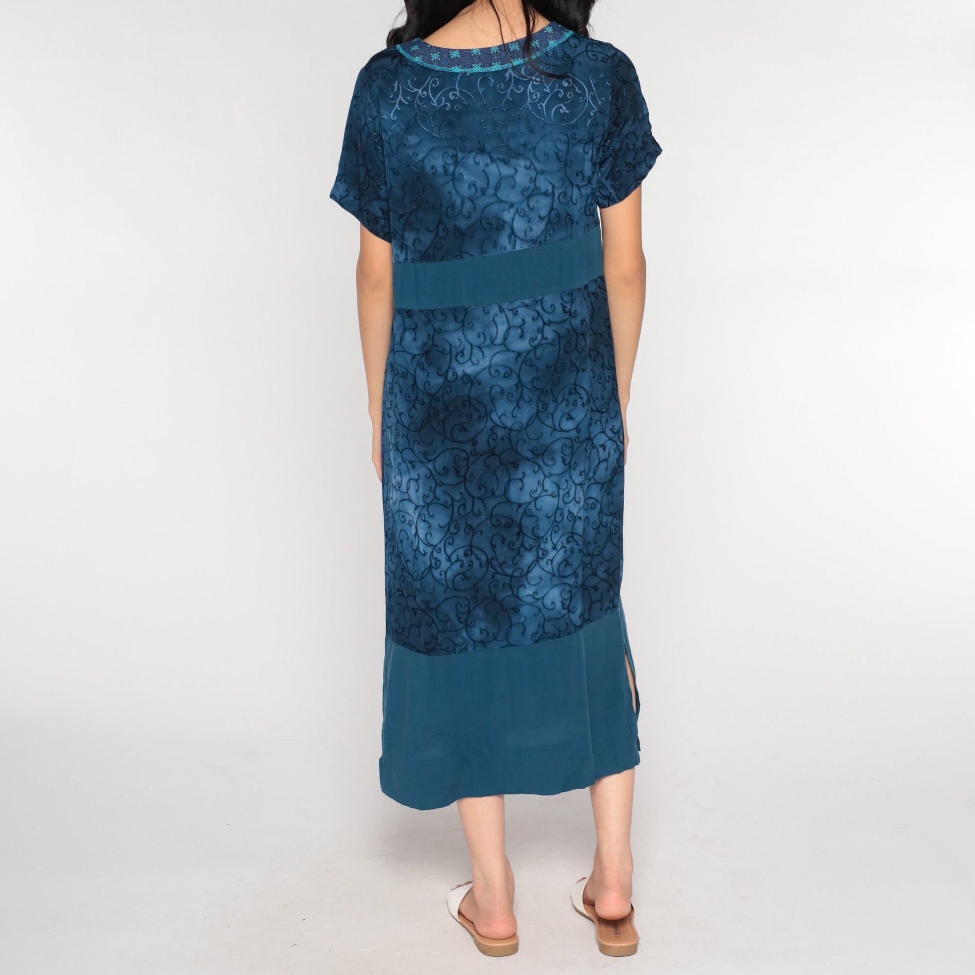 00s Dark Blue Vine Print Midi Dress Geometric Patch Side Slit Small S