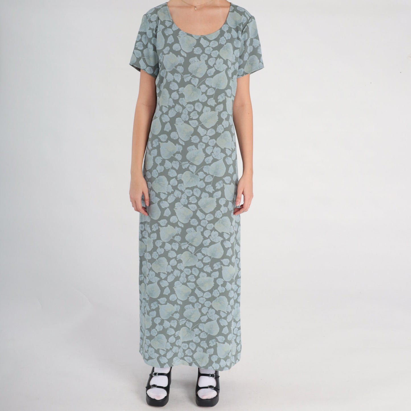 00s Liz Claiborne Botanical Maxi Dress Grey Blue Leaf Print Large