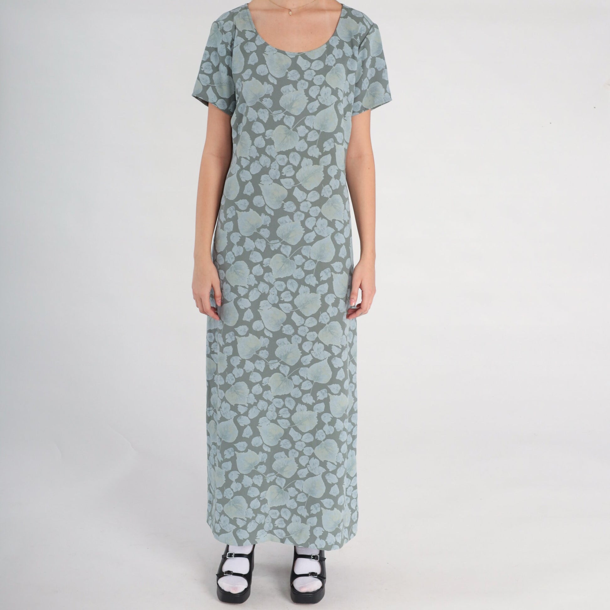 00s Liz Claiborne Botanical Maxi Dress Grey Blue Leaf Print Large