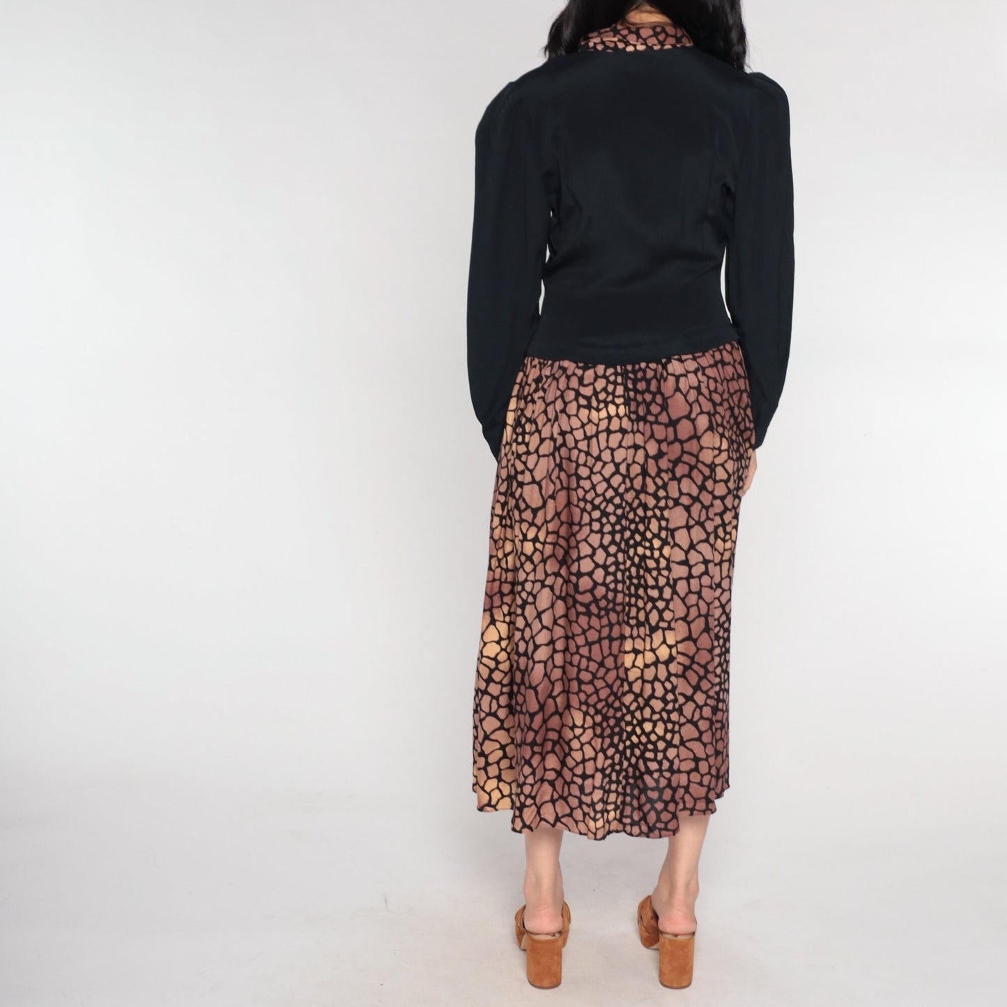 90s Visionz Midi Dress with Attached Blazer Black Brown Scale Print Puff Sleeve Small