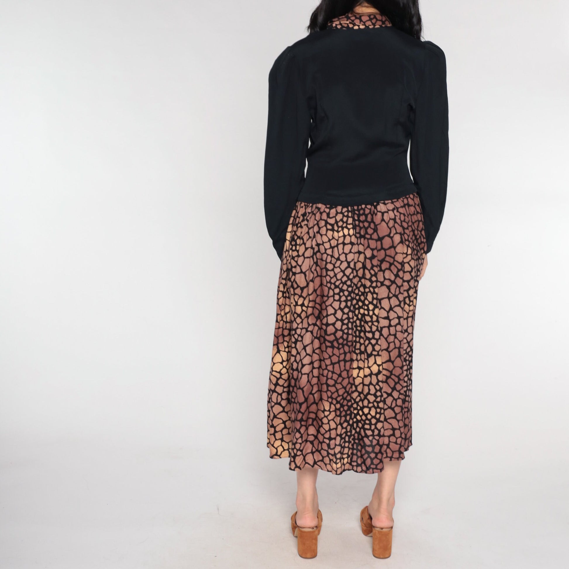 90s Visionz Midi Dress with Attached Blazer Black Brown Scale Print Puff Sleeve Small