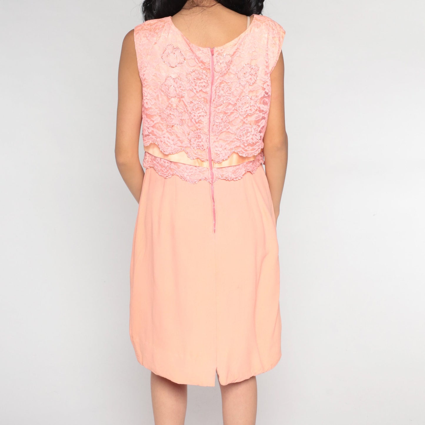 1960s Pink Lace Cocktail Dress Cap Sleeve High Waist Ribbon Bow Medium M