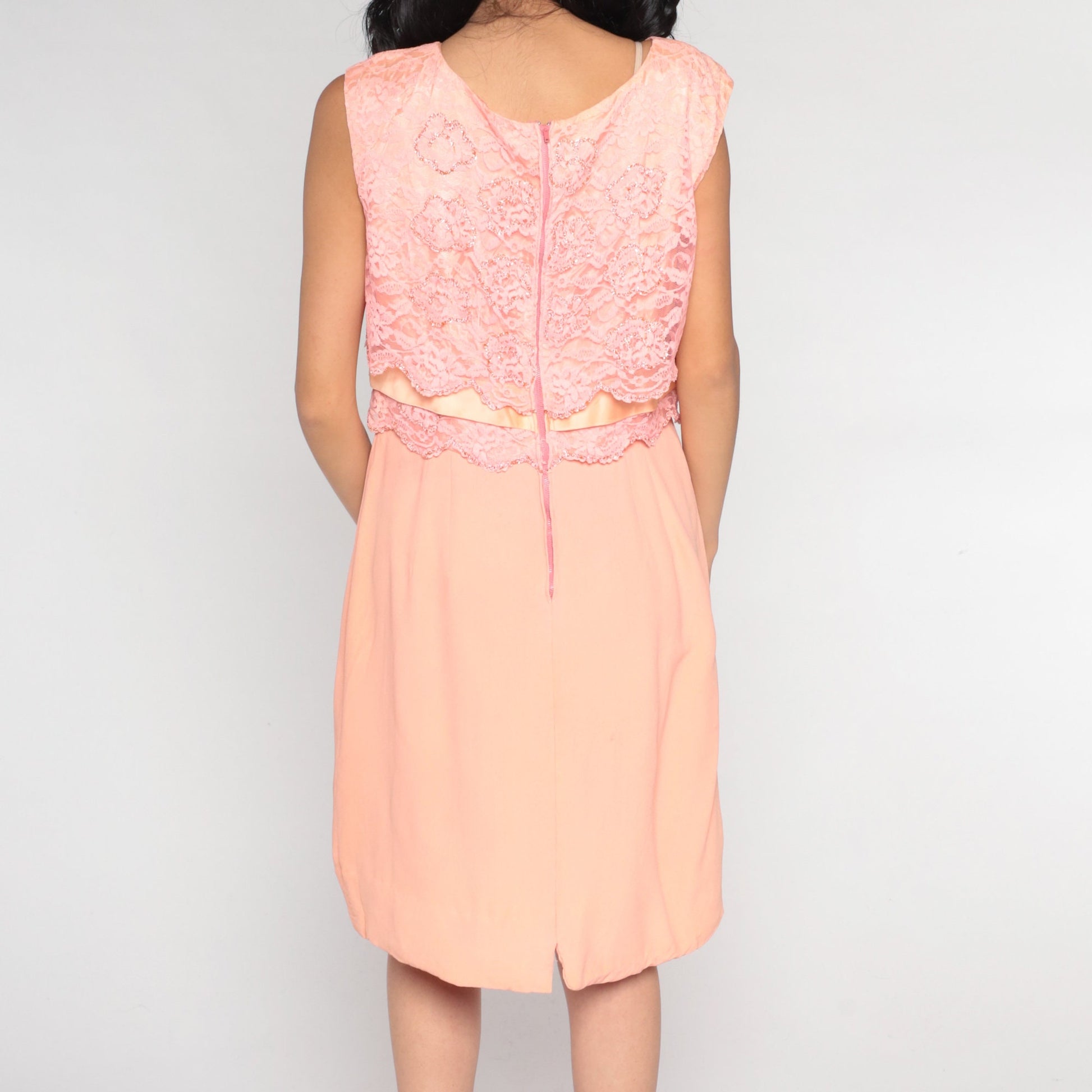 1960s Pink Lace Cocktail Dress Cap Sleeve High Waist Ribbon Bow Medium M