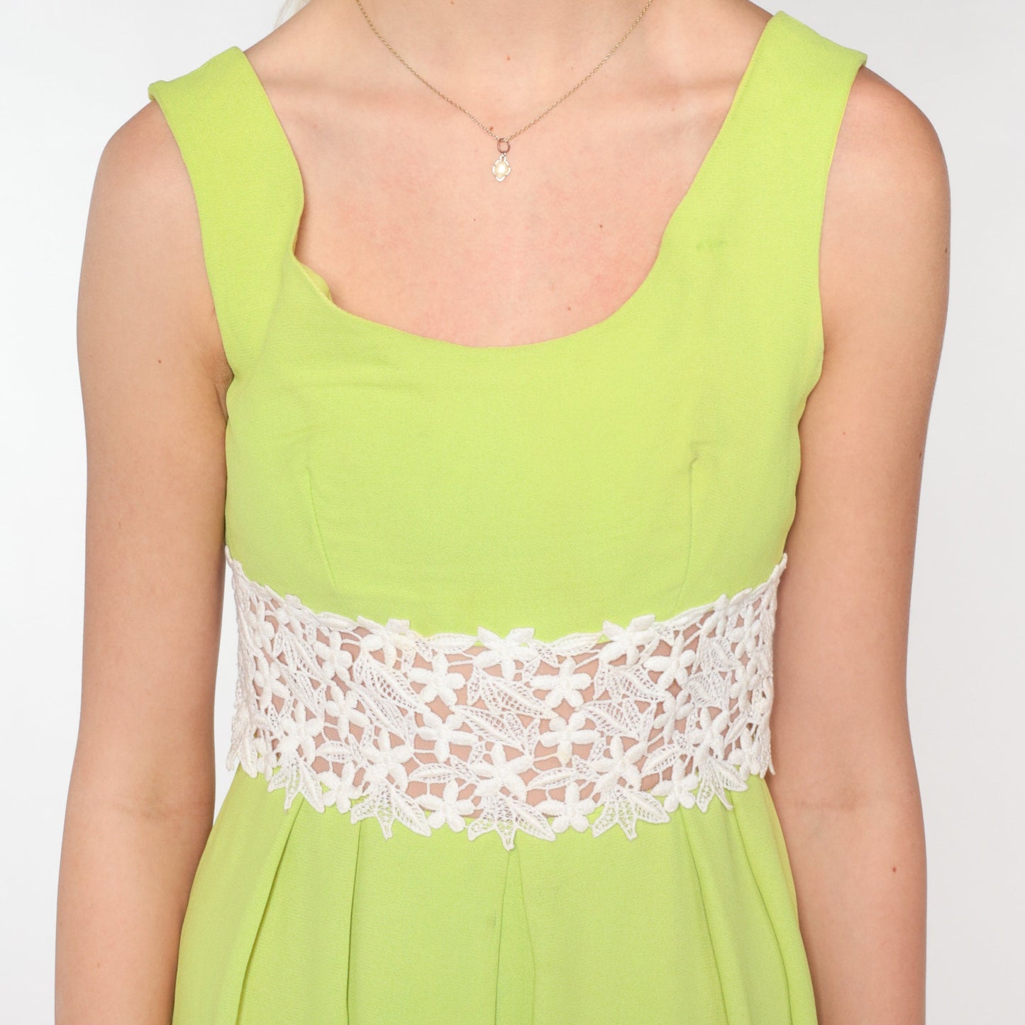 70s Lime Green Jumpsuit Wide Leg Floral Crochet Sleeveless Small