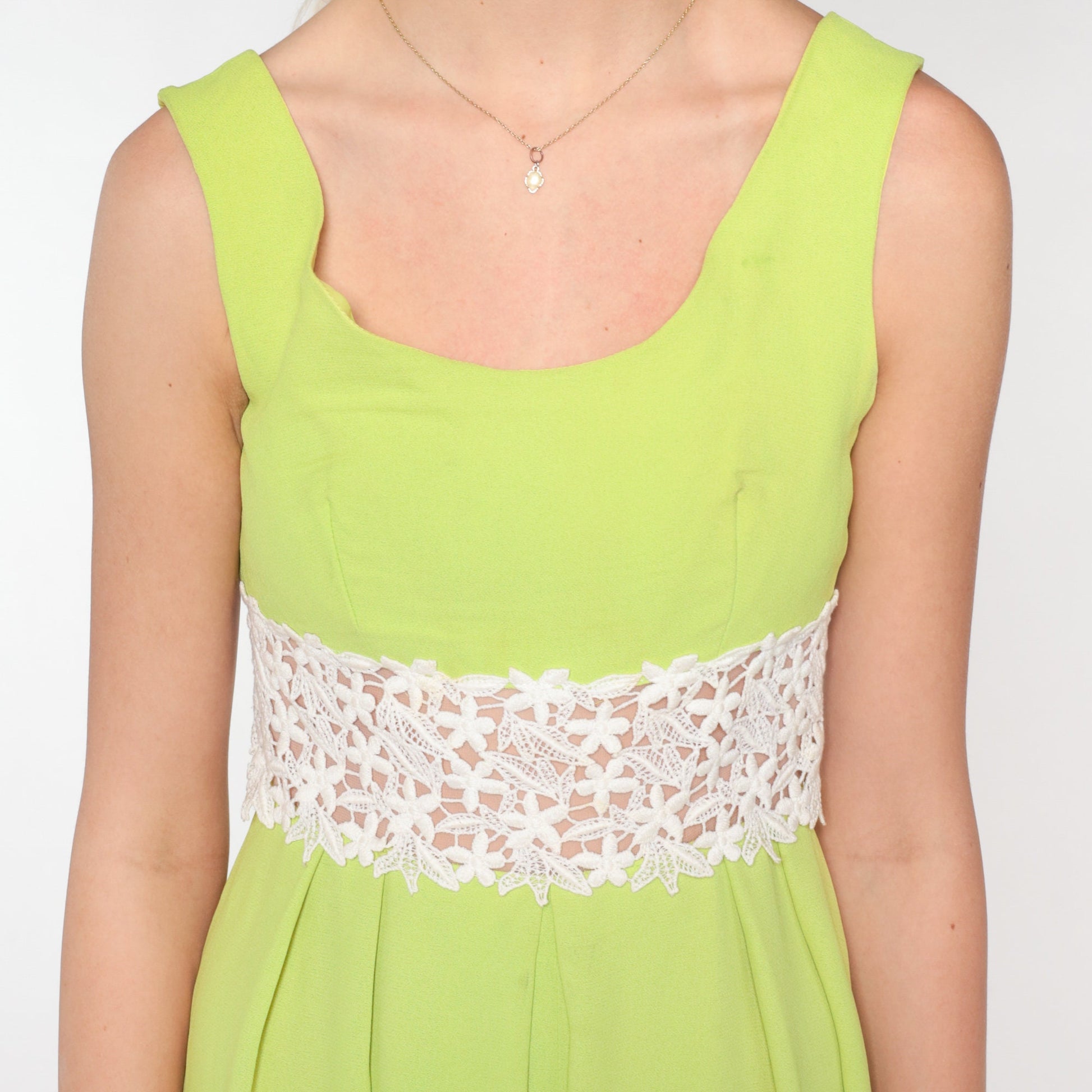 70s Lime Green Jumpsuit Wide Leg Floral Crochet Sleeveless Small