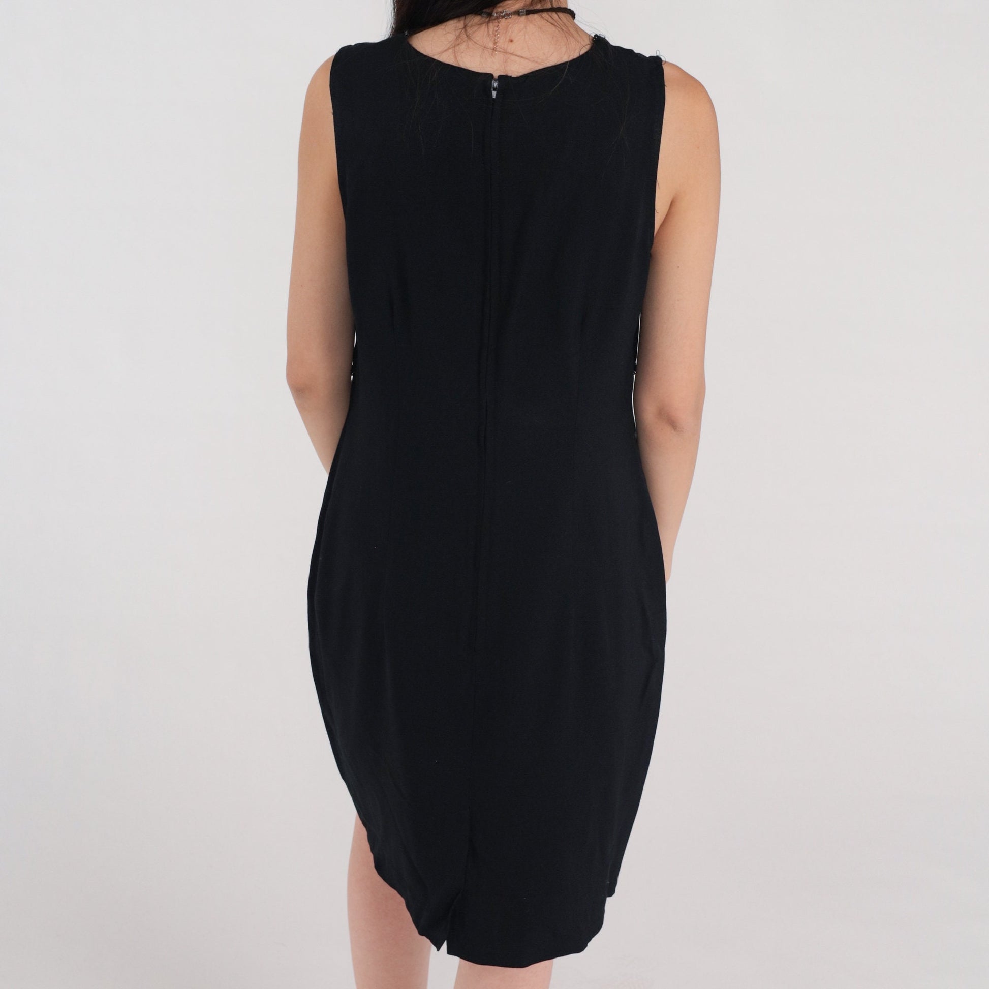 90s Black Mini Dress Beaded Sheath Sleeveless Rear Zip Medium 10