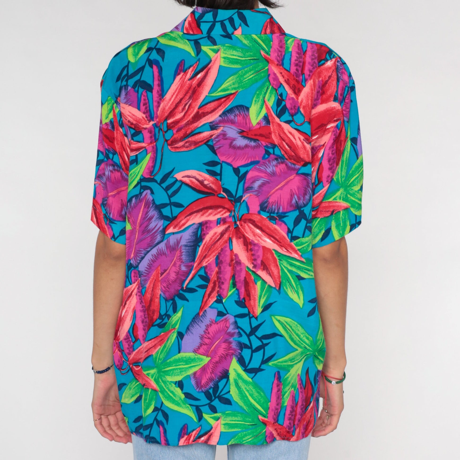 90s Hawaiian Floral Button-Up Blouse Blue Short Sleeve Medium