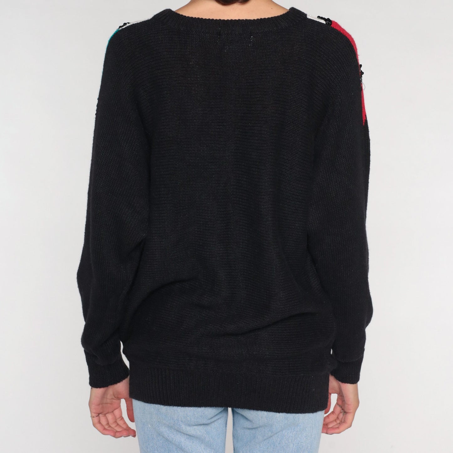 90s Black Sequin Chevron Knit Sweater Embroidered Squiggle Cotton Ramie Extra Large